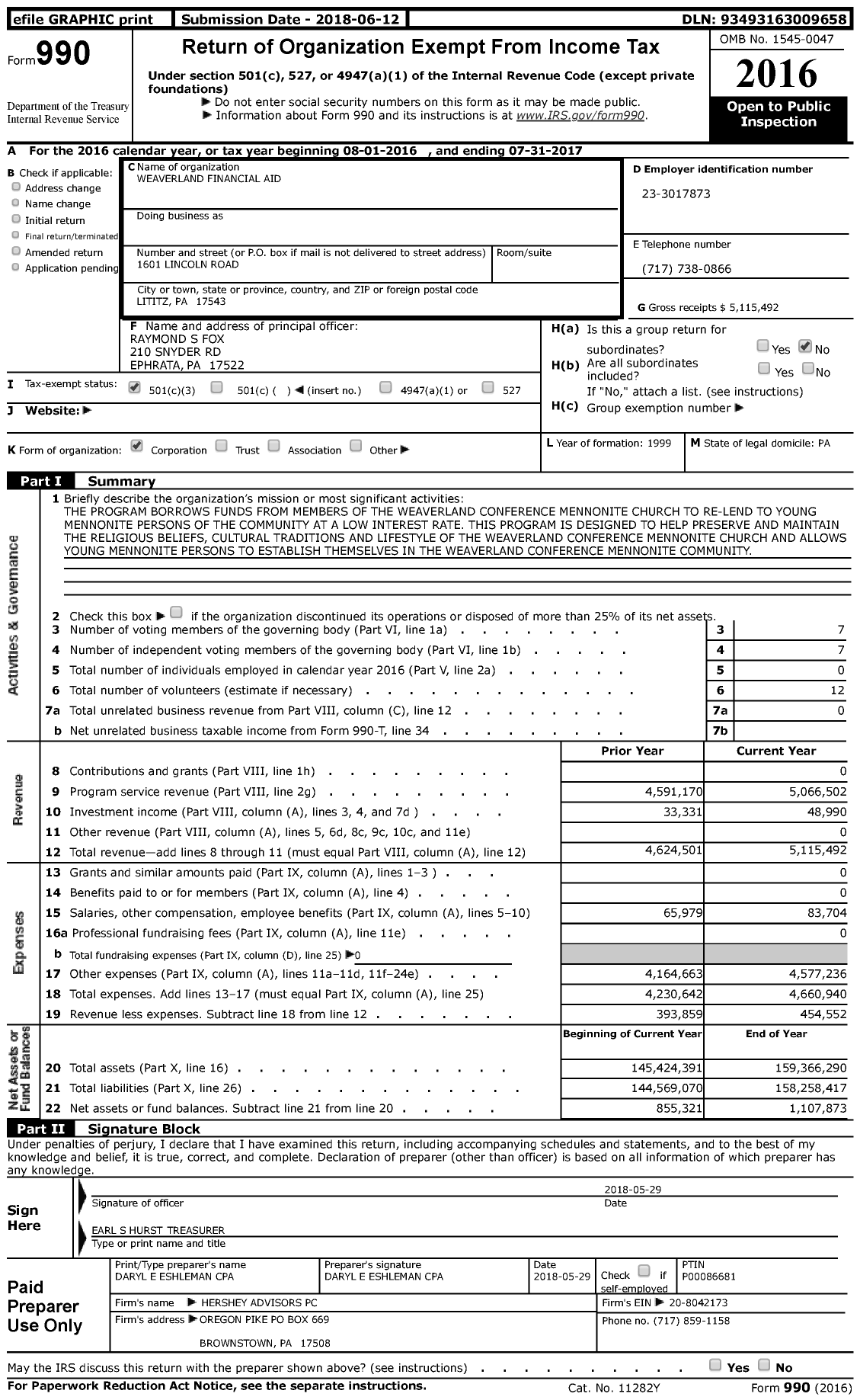 Image of first page of 2016 Form 990 for Weaverland Financial Aid