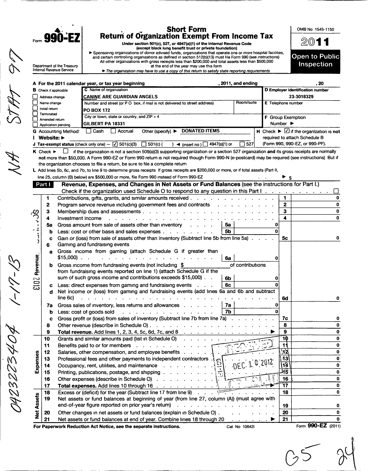 Image of first page of 2011 Form 990EZ for Canine Are Guardian Angels