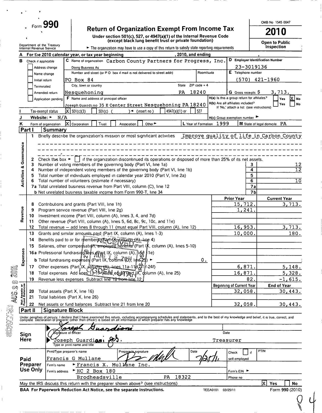 Image of first page of 2010 Form 990 for Carbon County Partners for Progress