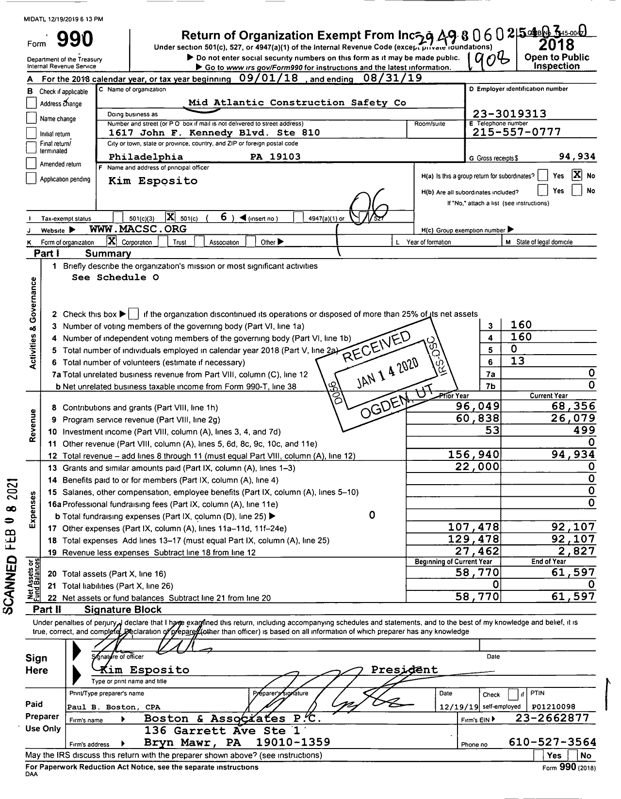 Image of first page of 2018 Form 990O for Mid Atlantic Construction Safety