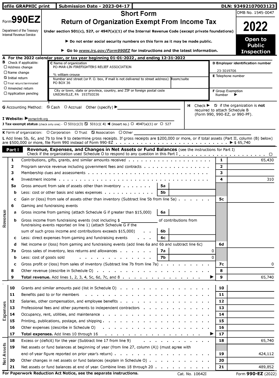 Image of first page of 2022 Form 990EZ for Po-Mar-Lin Firefighters Relief Association