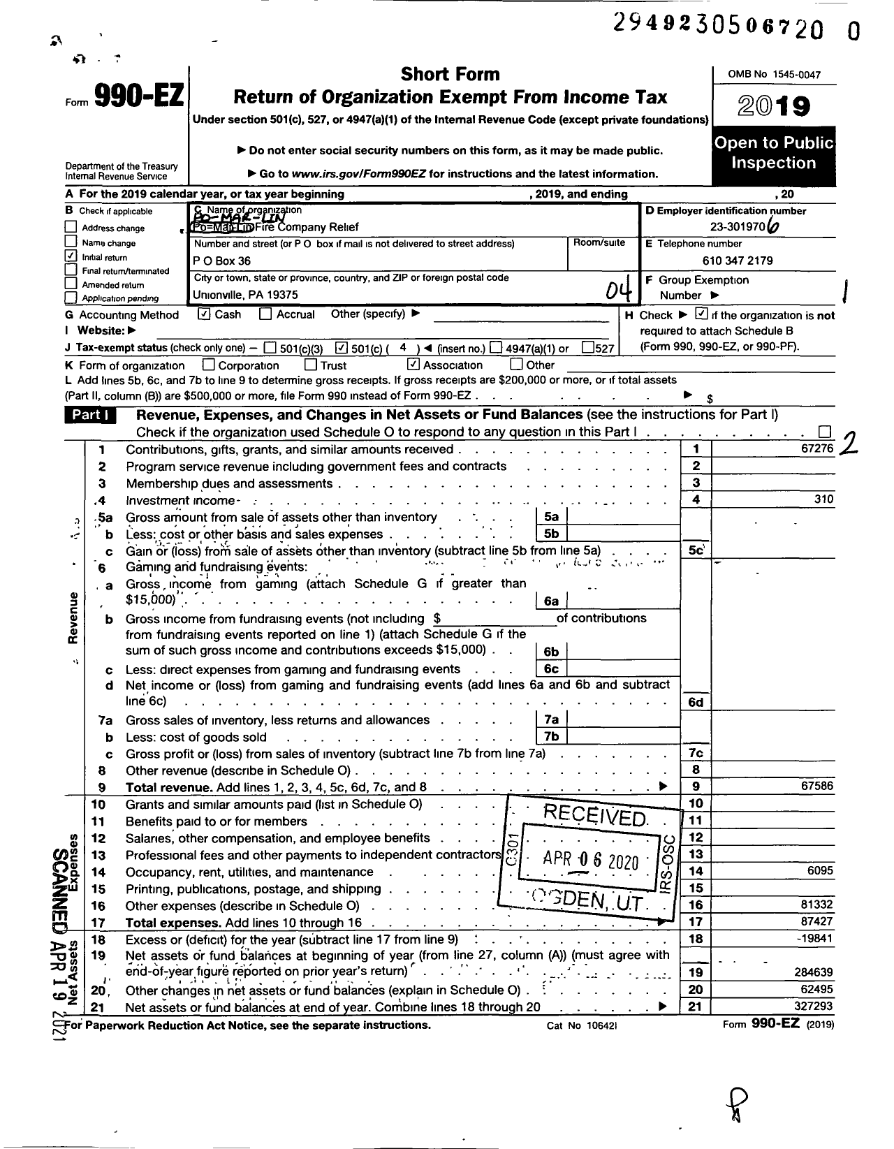 Image of first page of 2019 Form 990EO for Po-Mar-Lin Firefighters Relief Association