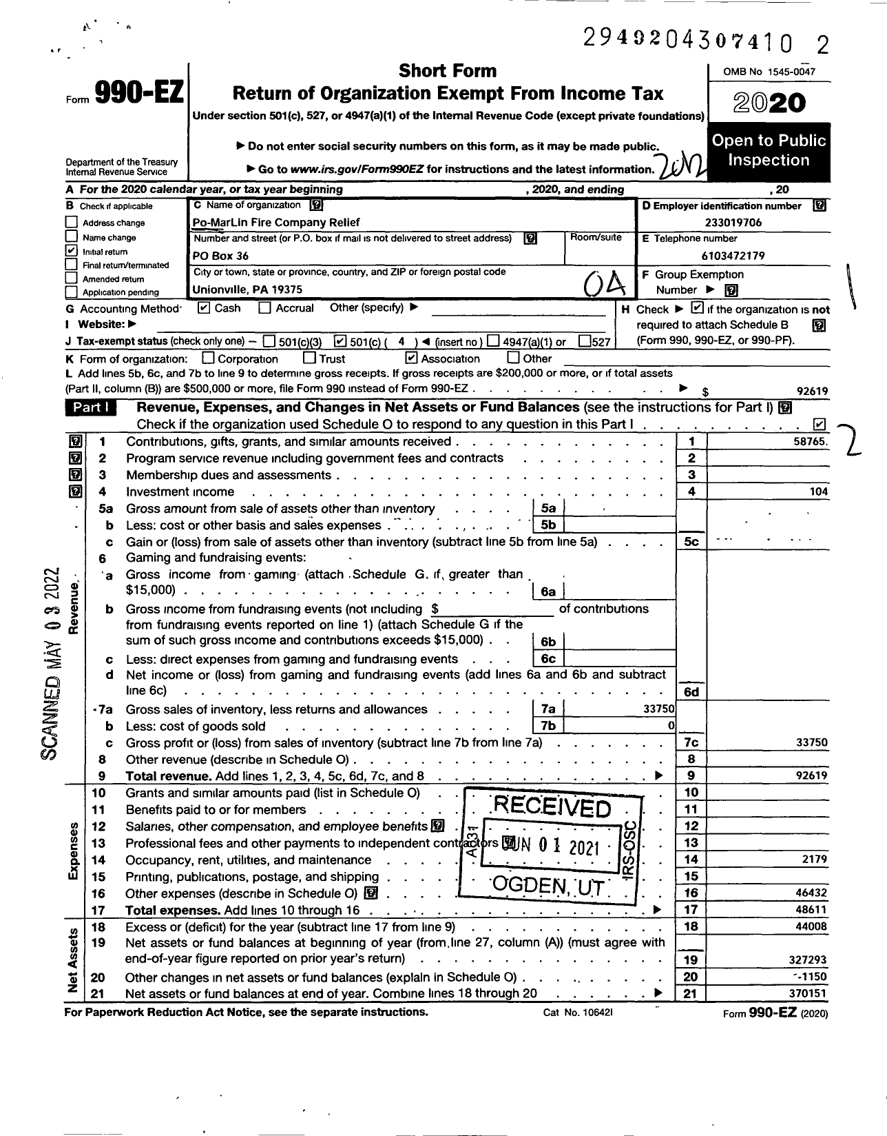 Image of first page of 2020 Form 990EO for Po-Mar-Lin Firefighters Relief Association