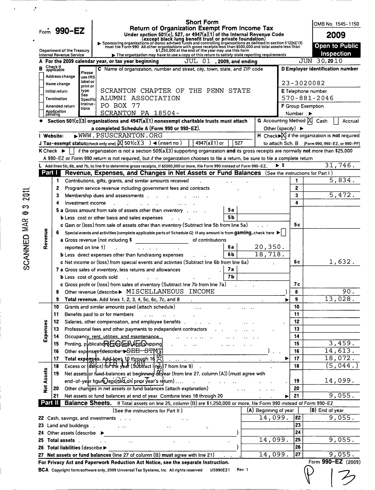 Image of first page of 2009 Form 990EZ for Penn State Alumni Association / Greater Scranton Chapter