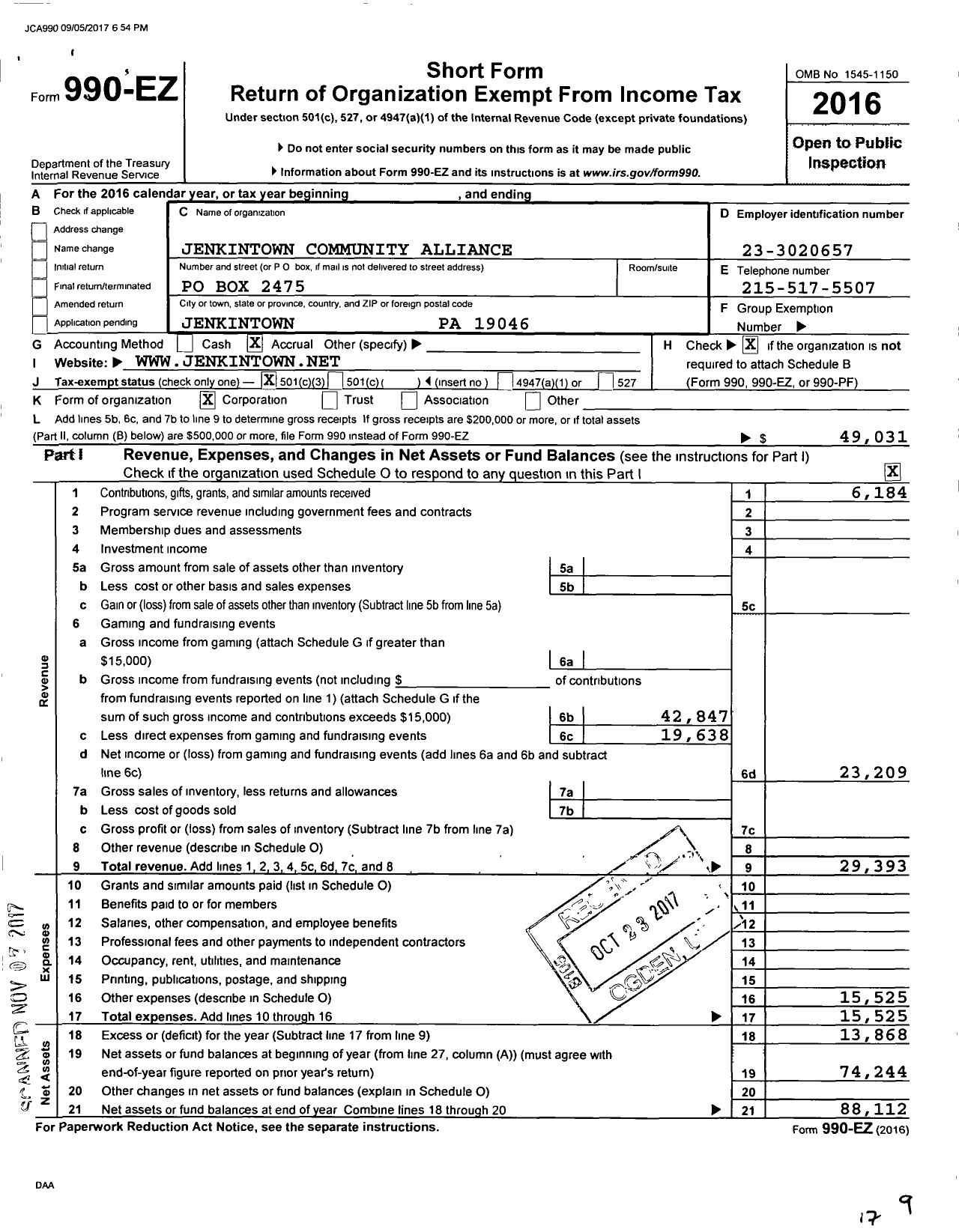 Image of first page of 2016 Form 990EZ for Jenkintown Community Alliance