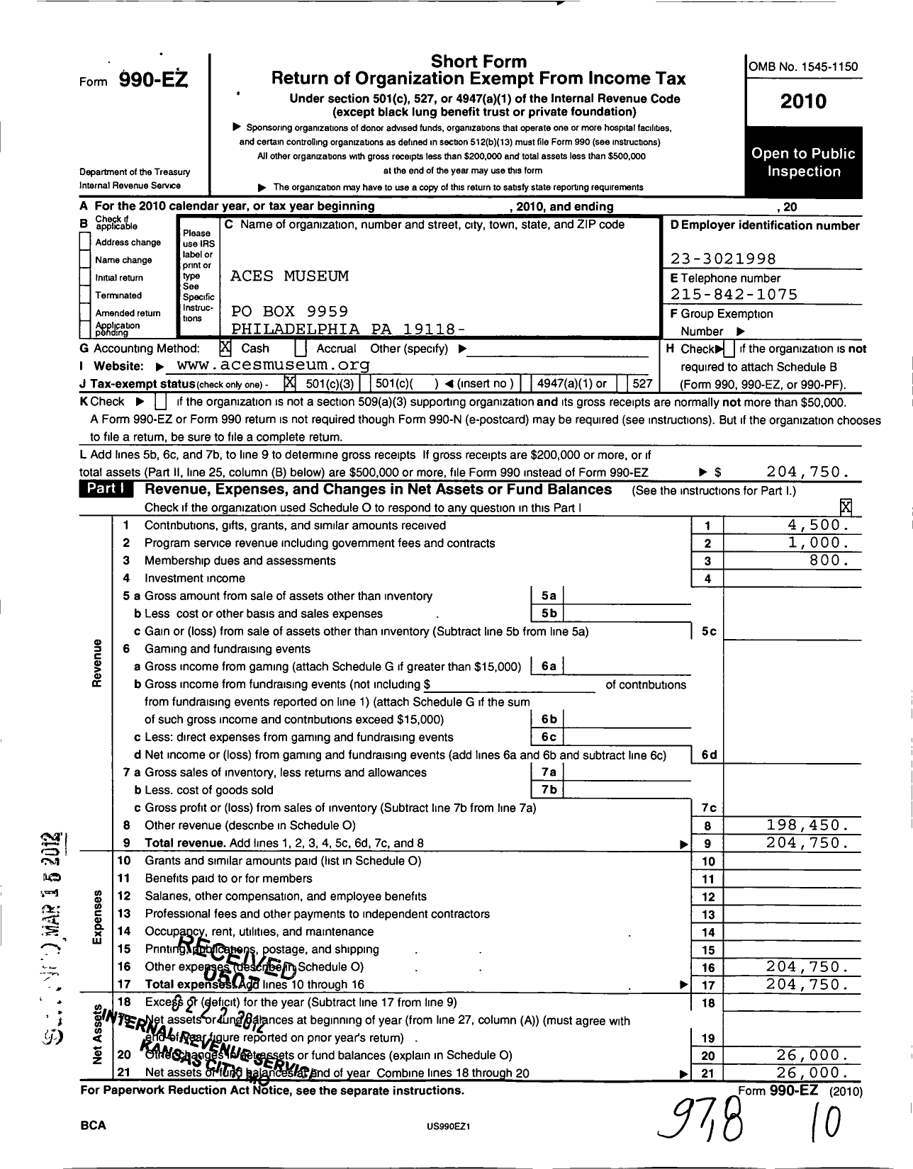 Image of first page of 2010 Form 990EZ for Aces Museum