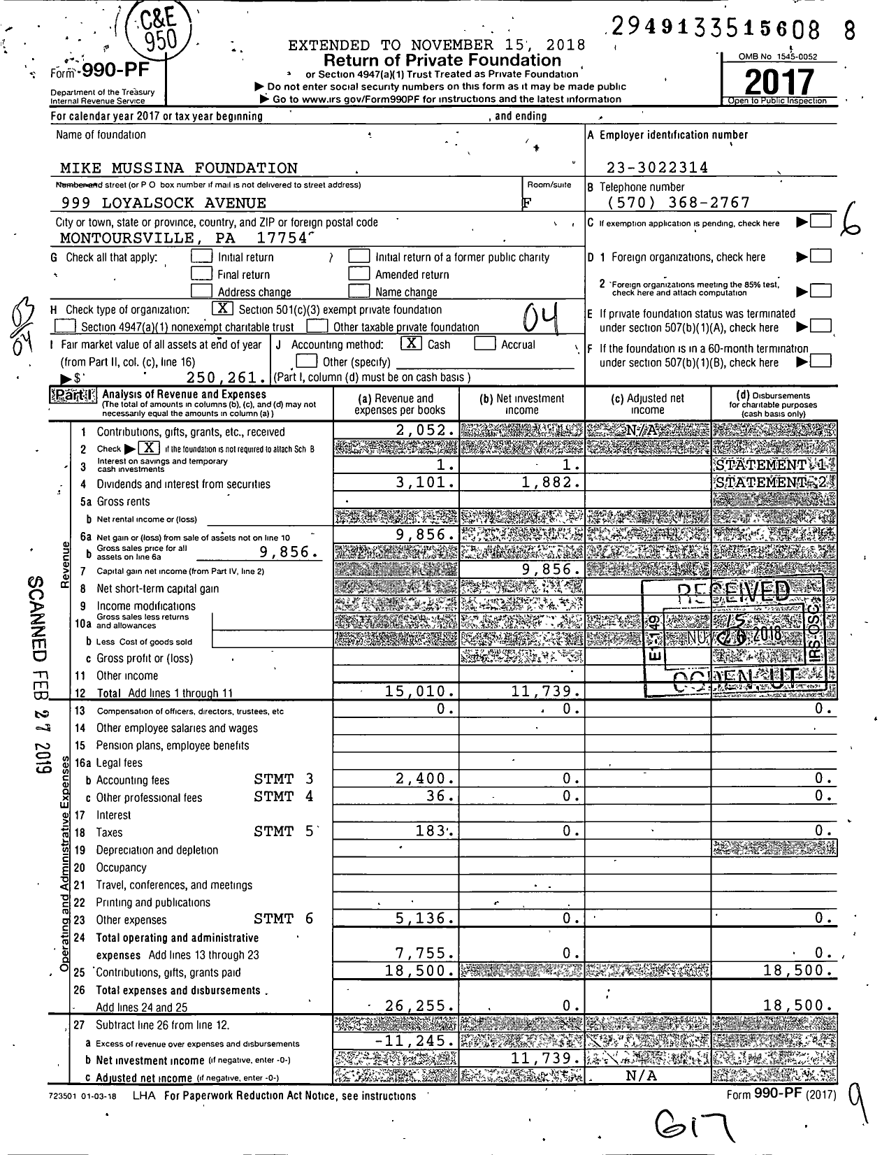 Image of first page of 2017 Form 990PF for Mike Mussina Foundation