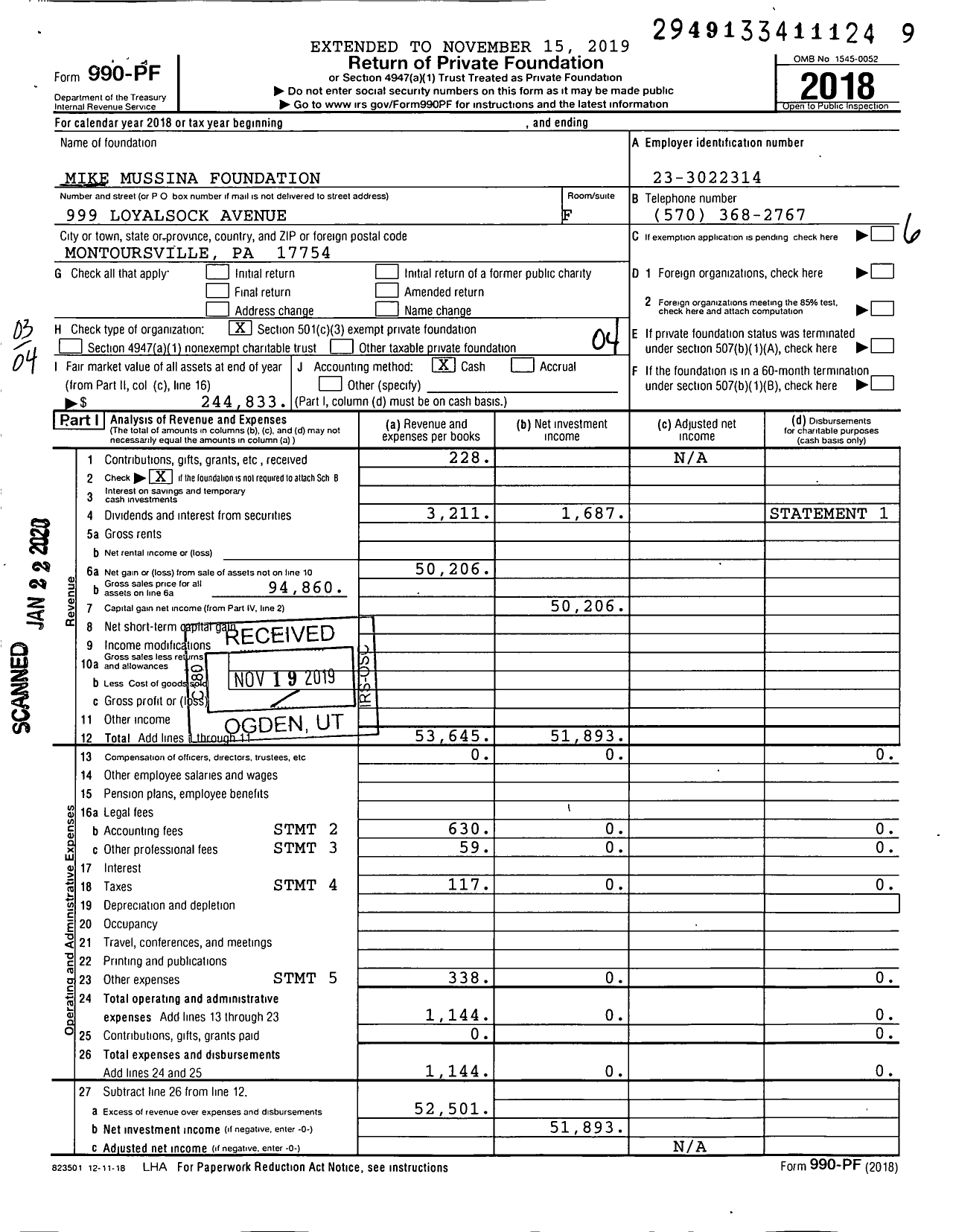 Image of first page of 2018 Form 990PF for Mike Mussina Foundation