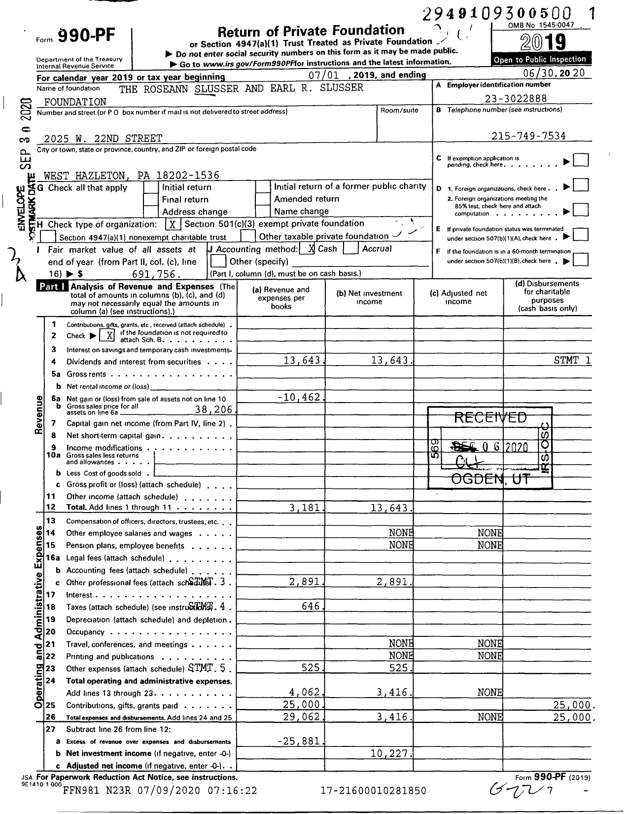 Image of first page of 2019 Form 990PF for The Roseann Slusser and Earl R Slusser