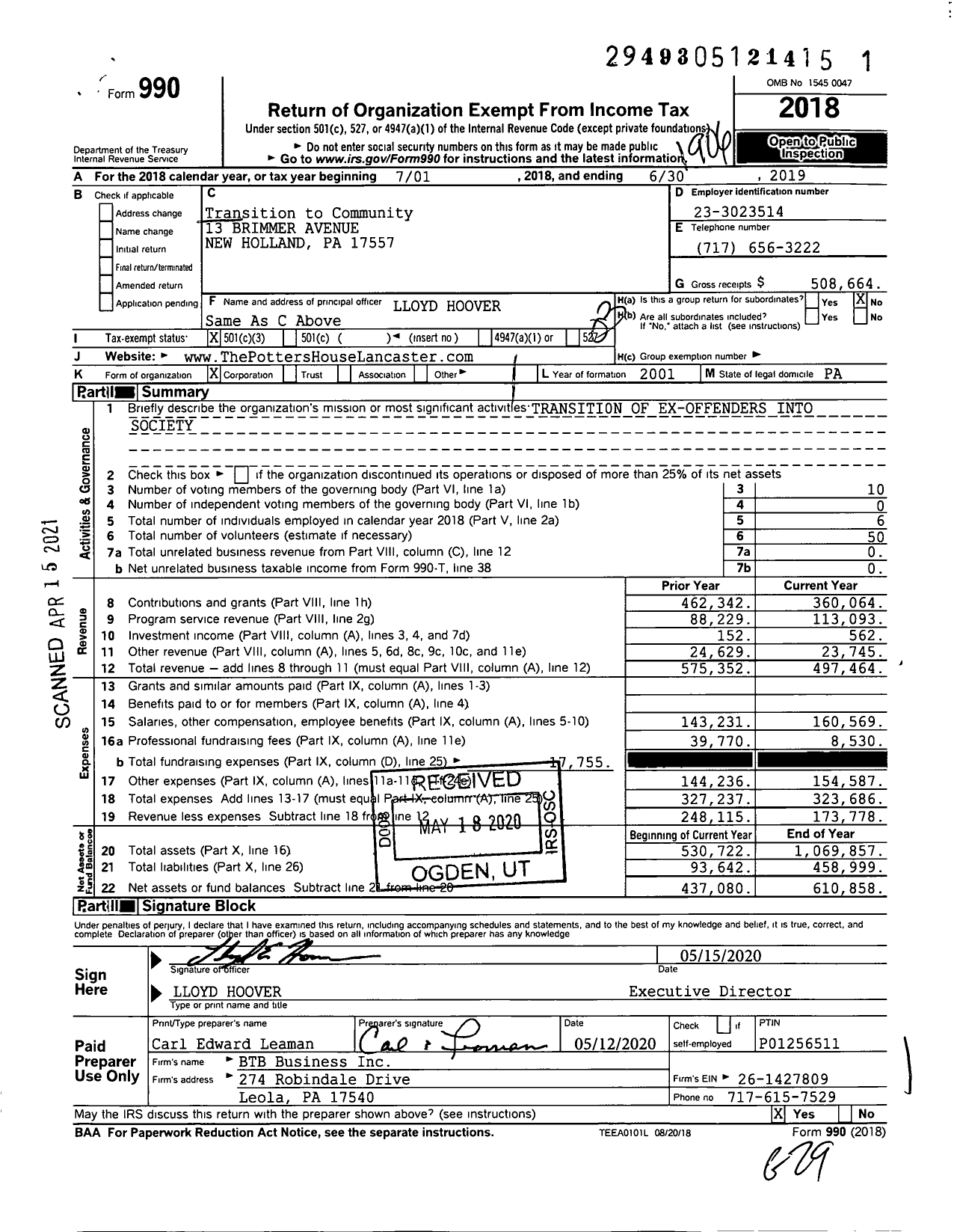 Image of first page of 2018 Form 990 for Transition to Community