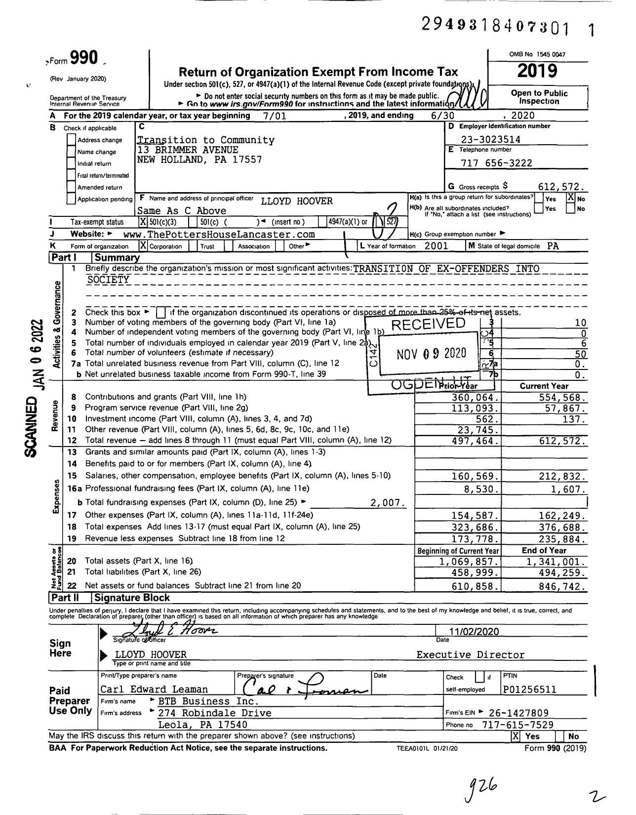 Image of first page of 2019 Form 990 for Transition to Community