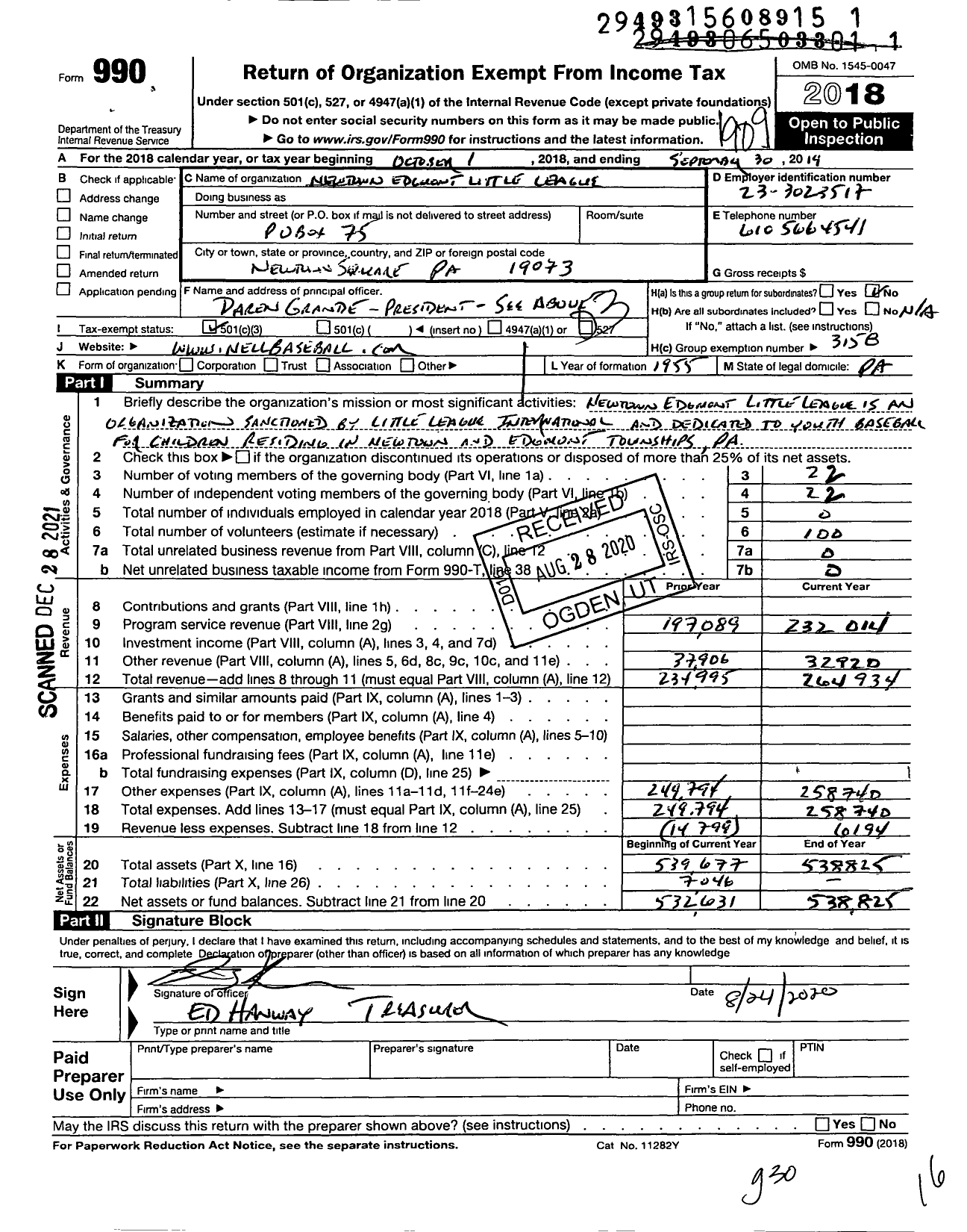Image of first page of 2018 Form 990 for Little LEAGUE BASEBALL - 2381919 Newtown Edgmont LL