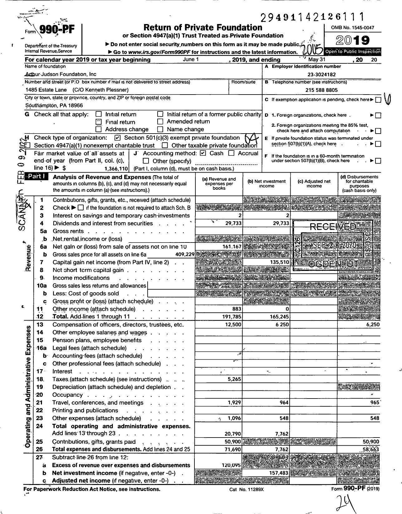 Image of first page of 2019 Form 990PF for Arthur Judson Foundation