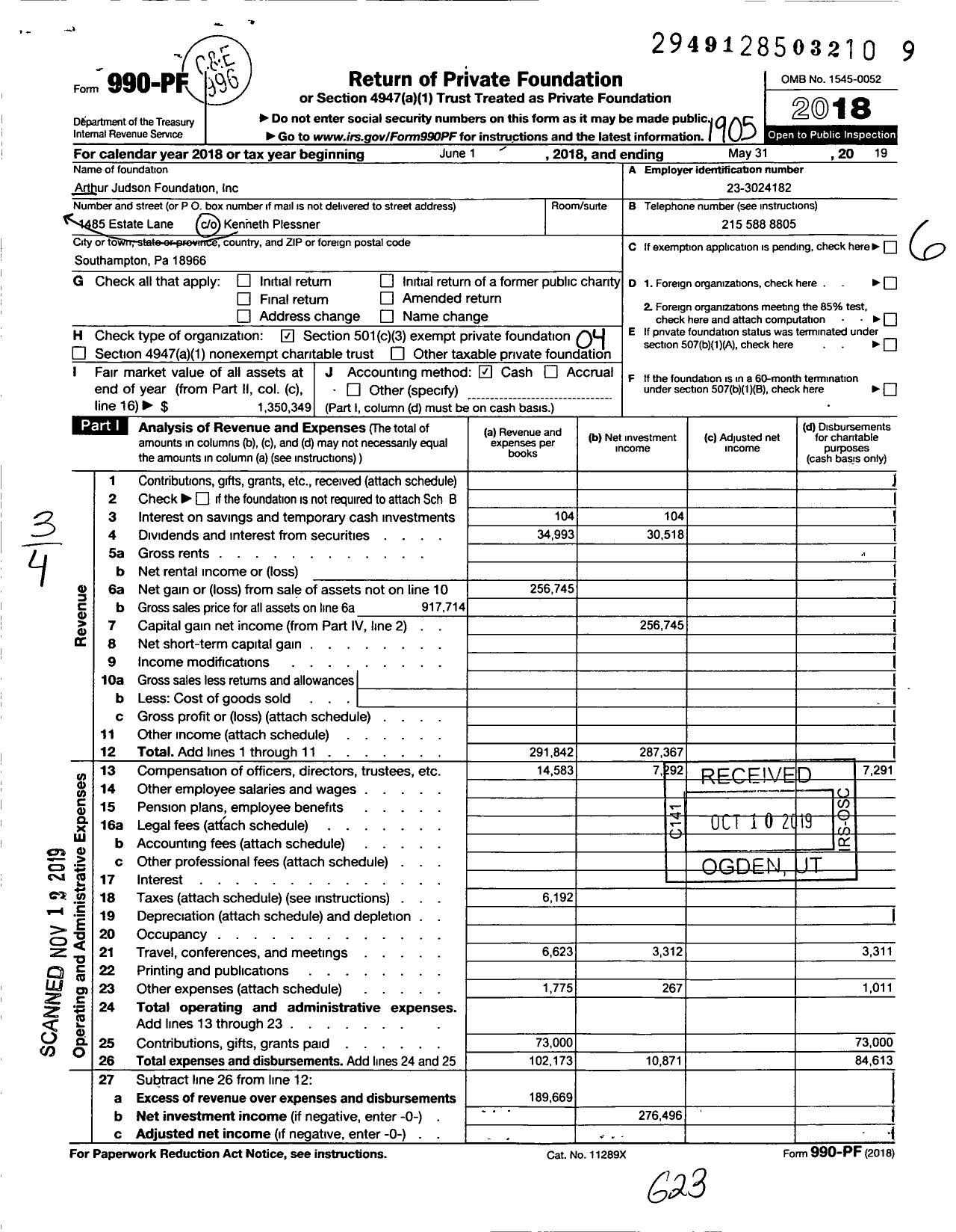 Image of first page of 2018 Form 990PF for Arthur Judson Foundation