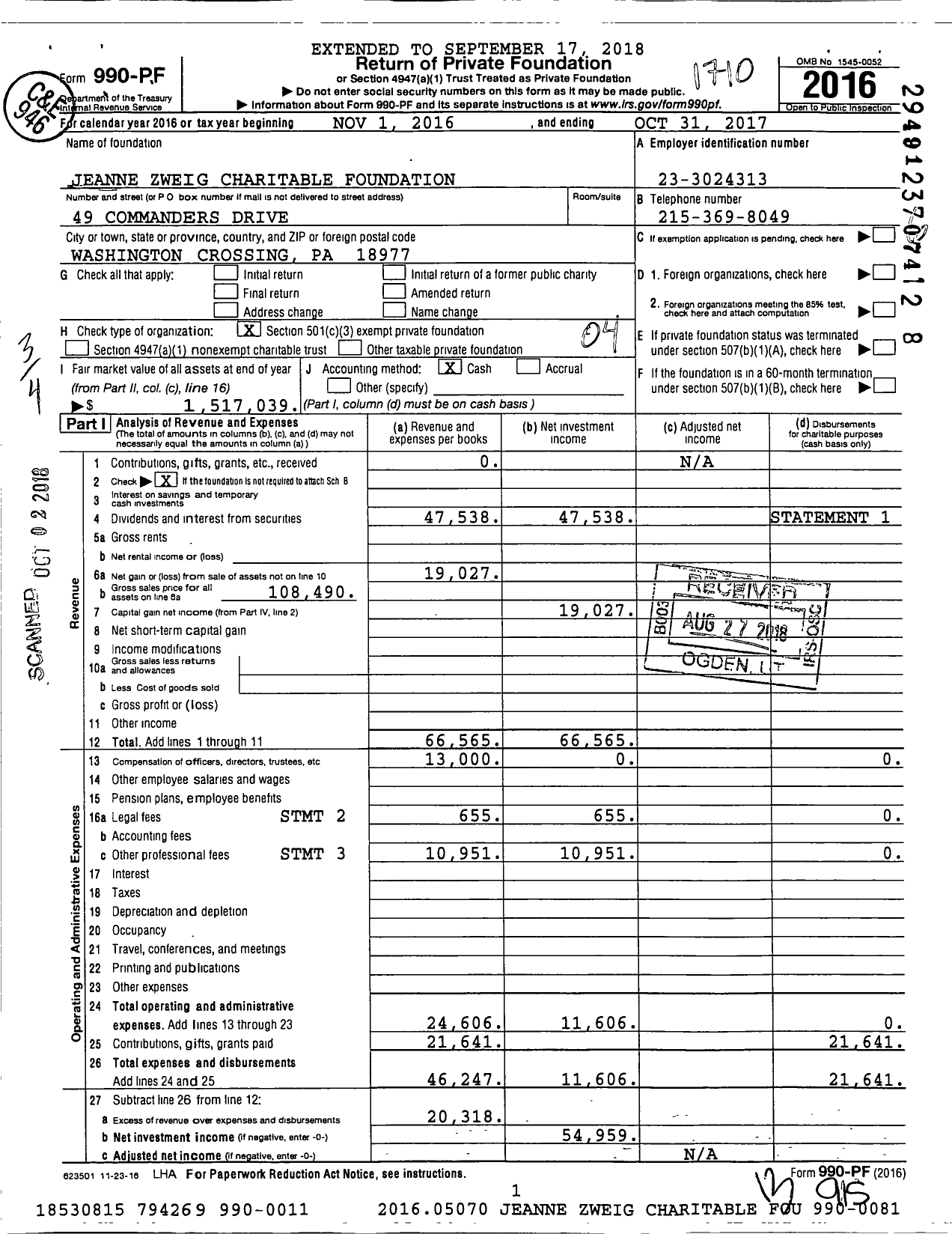 Image of first page of 2016 Form 990PF for Jeanne Zweig Charitable Foundation