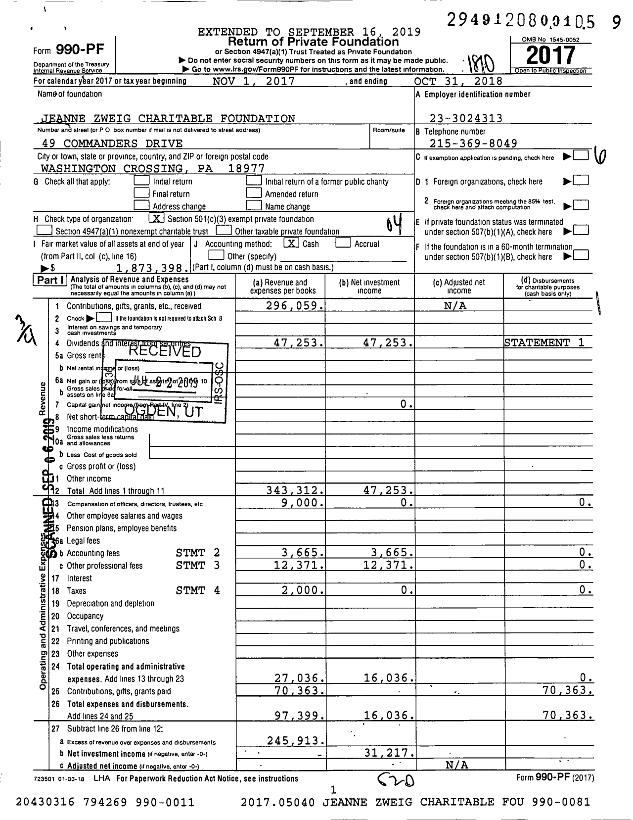 Image of first page of 2017 Form 990PF for Jeanne Zweig Charitable Foundation