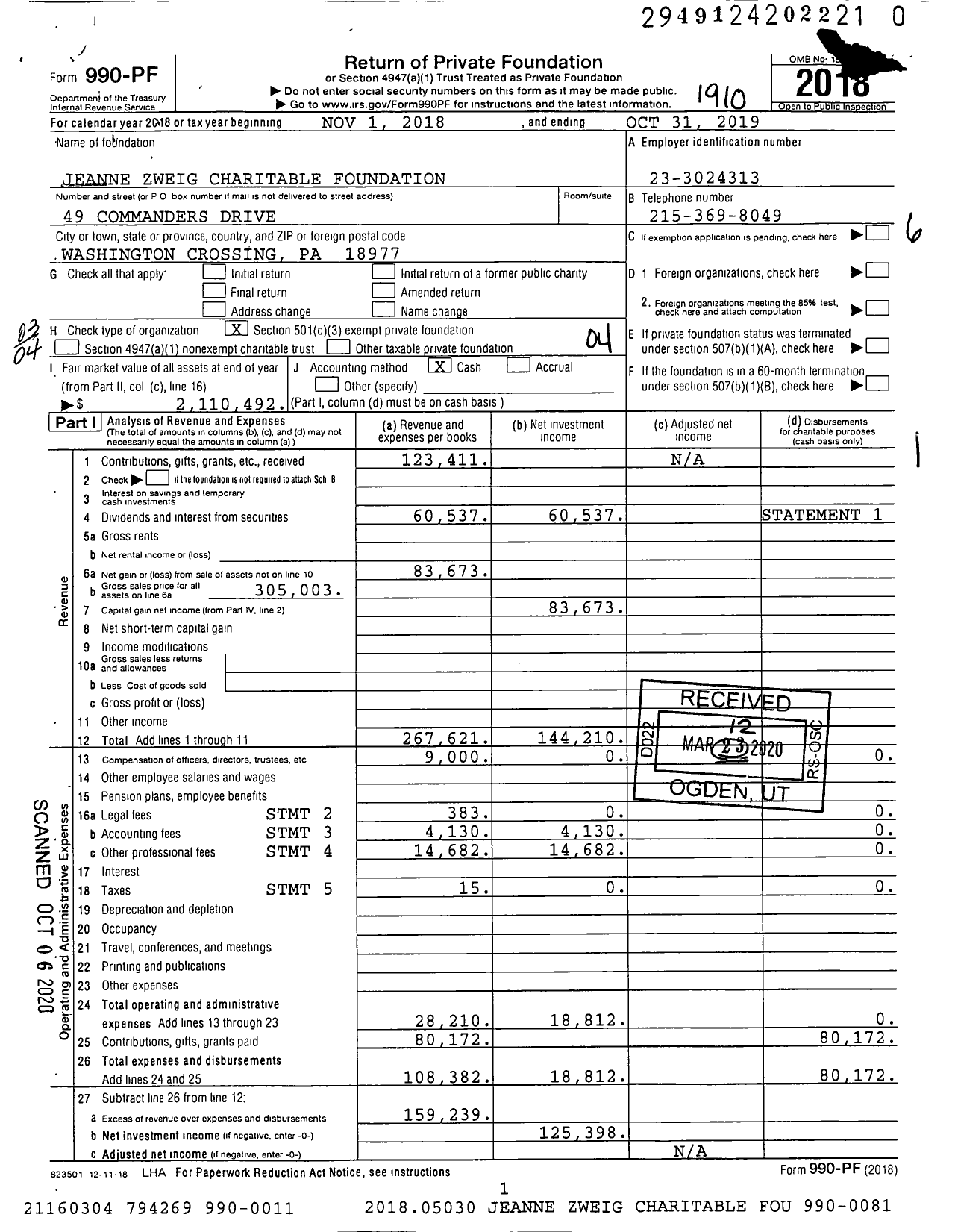 Image of first page of 2018 Form 990PR for Jeanne Zweig Charitable Foundation