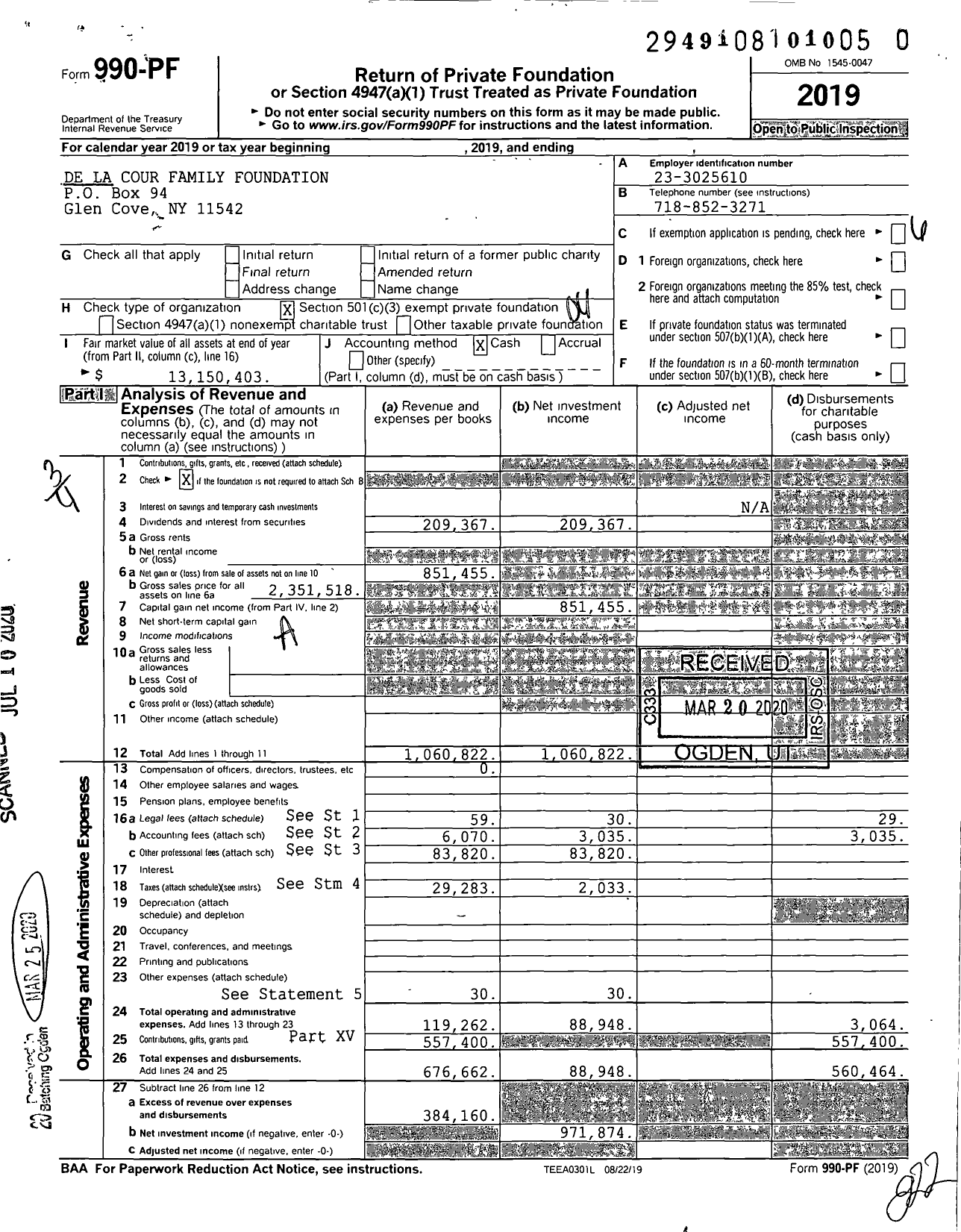 Image of first page of 2019 Form 990PR for De La Cour Family Foundation