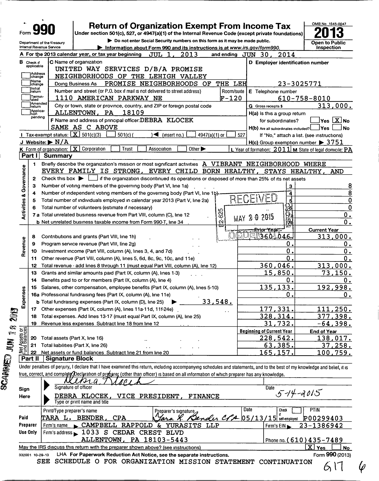 Image of first page of 2013 Form 990 for United Way of the Greater Lehigh Valley / Promise Neighborhoods of the Lehigh Valley