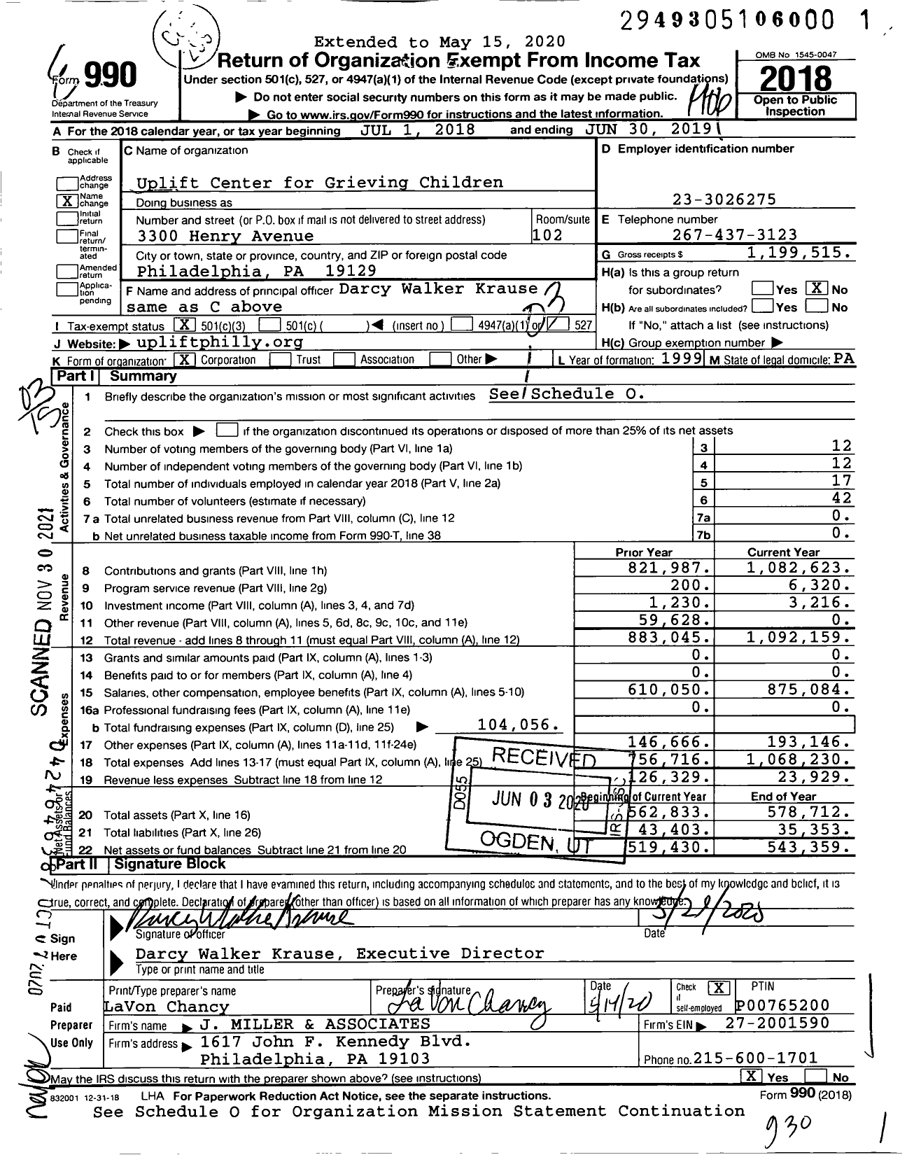 Image of first page of 2018 Form 990 for Uplift Center for Grieving Children