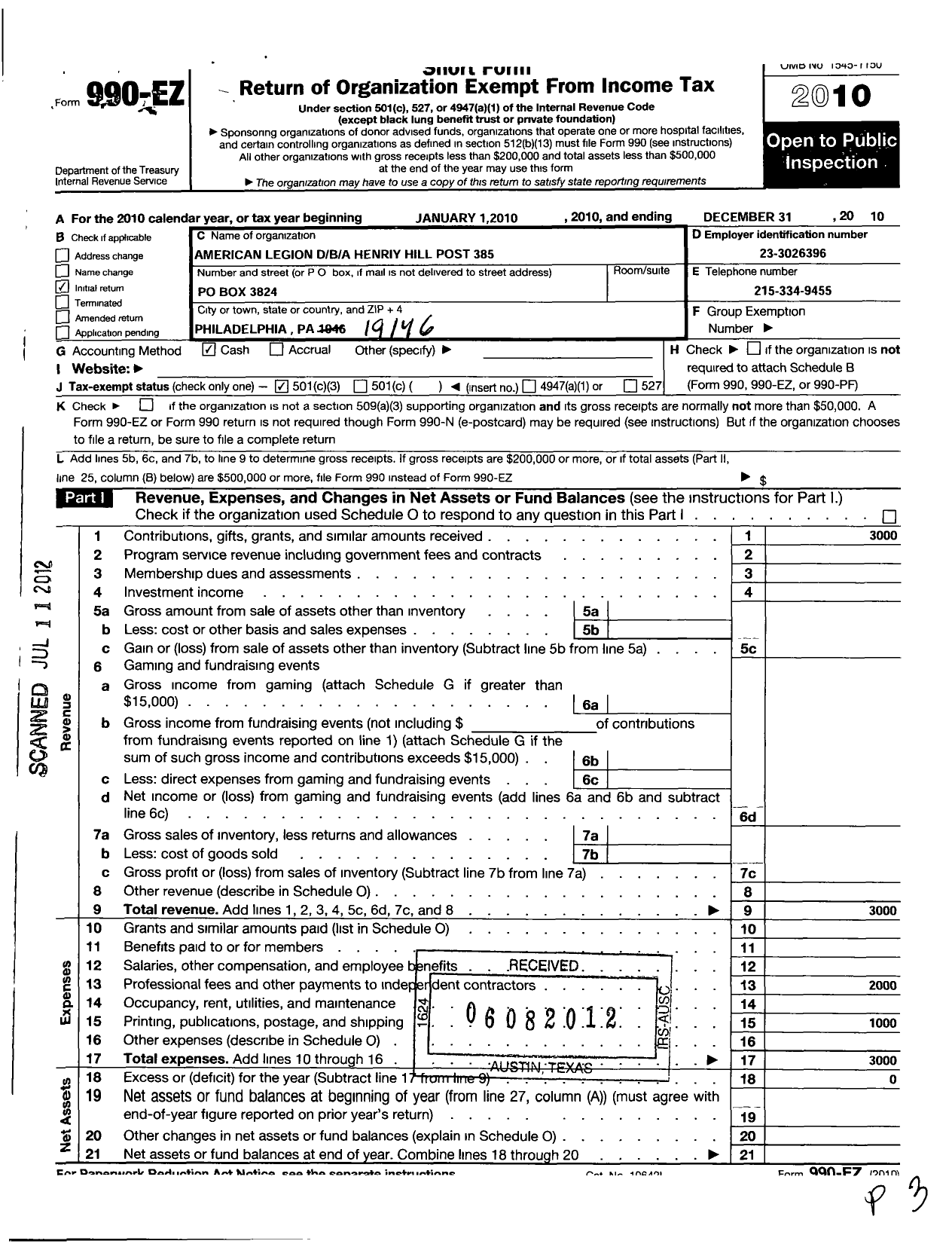 Image of first page of 2010 Form 990EZ for American Legion - Henriy Hill Post 385