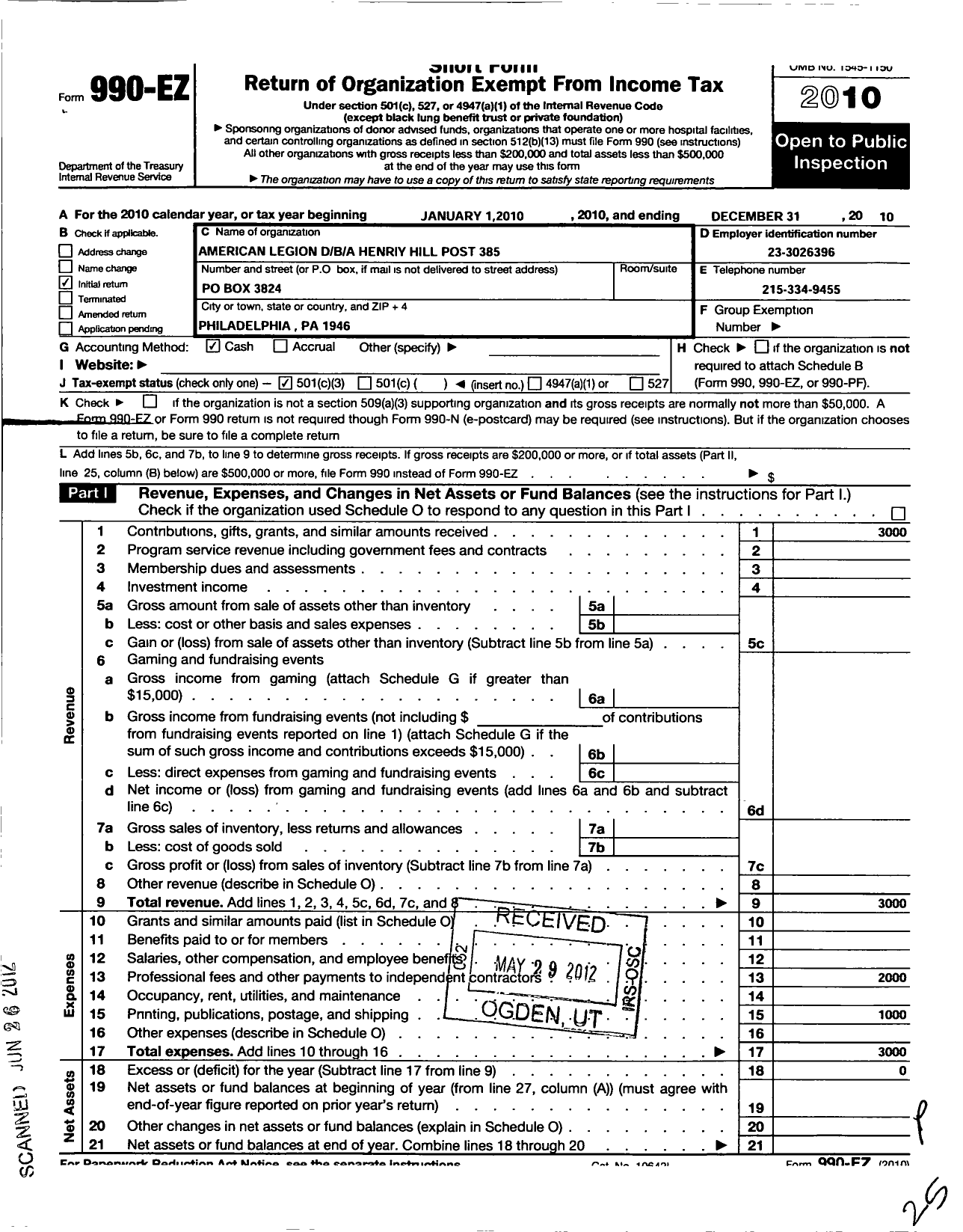 Image of first page of 2010 Form 990EZ for American Legion - Henriy Hill Post 385