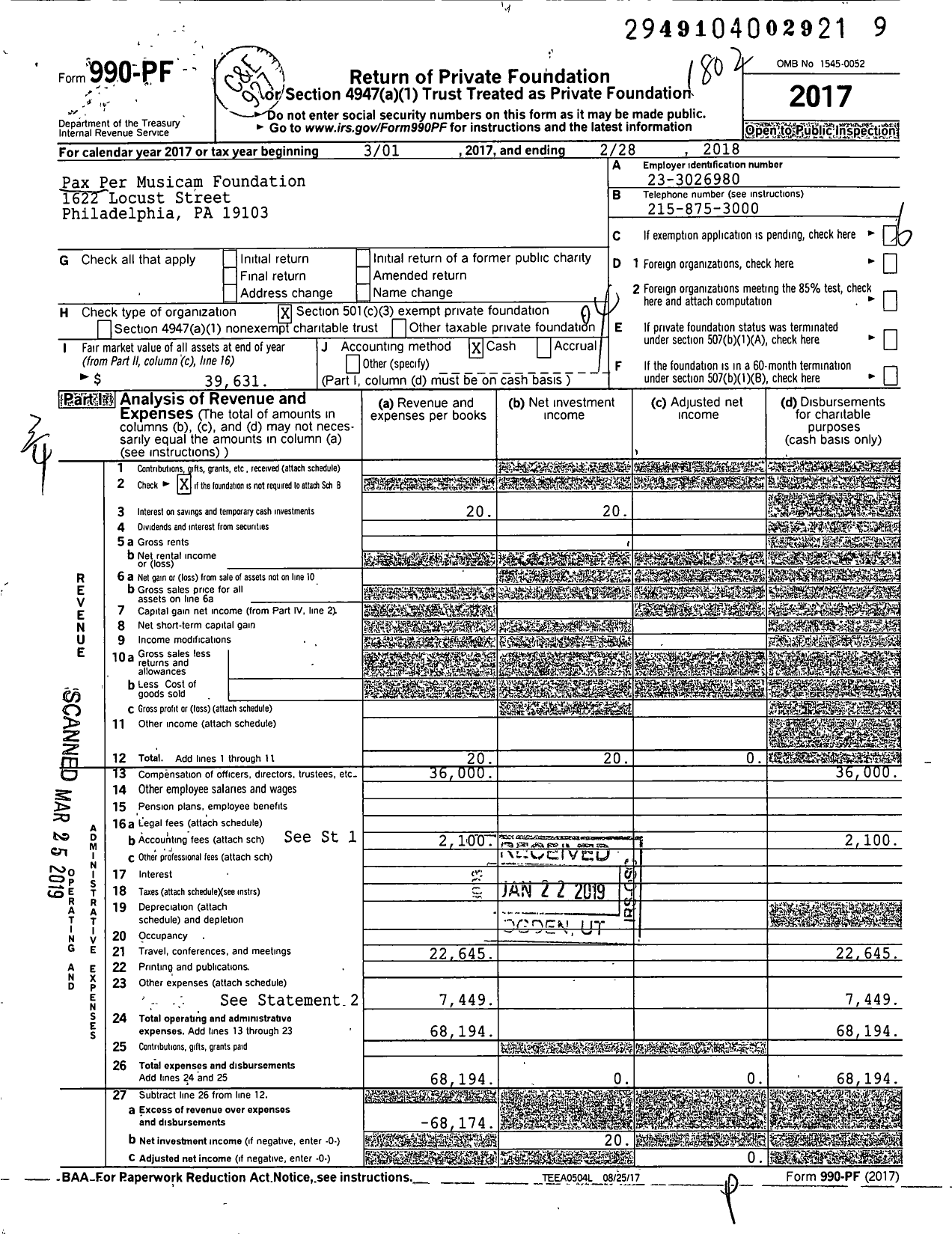 Image of first page of 2017 Form 990PF for Pax Per Musicam Foundation