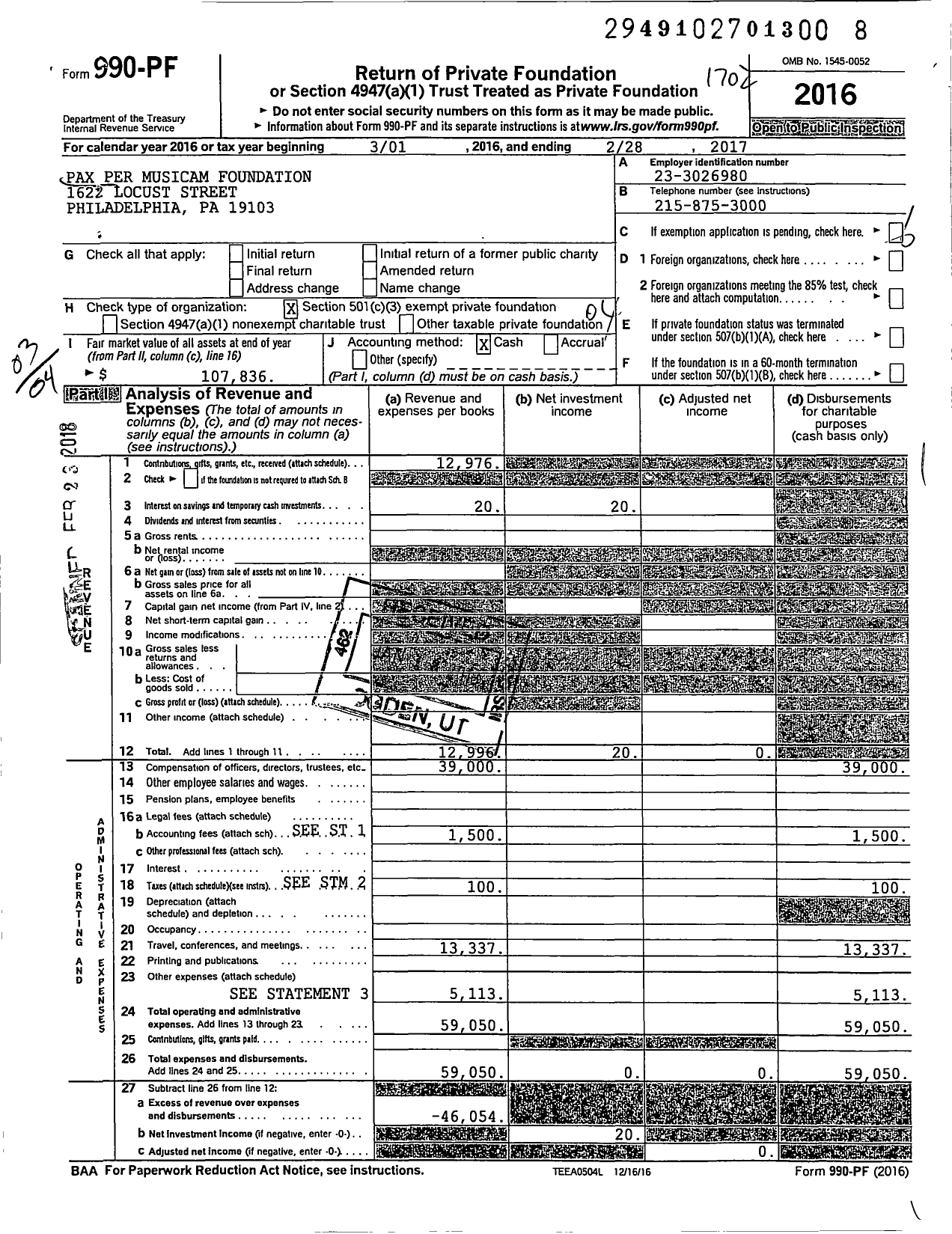 Image of first page of 2016 Form 990PF for Pax Per Musicam Foundation