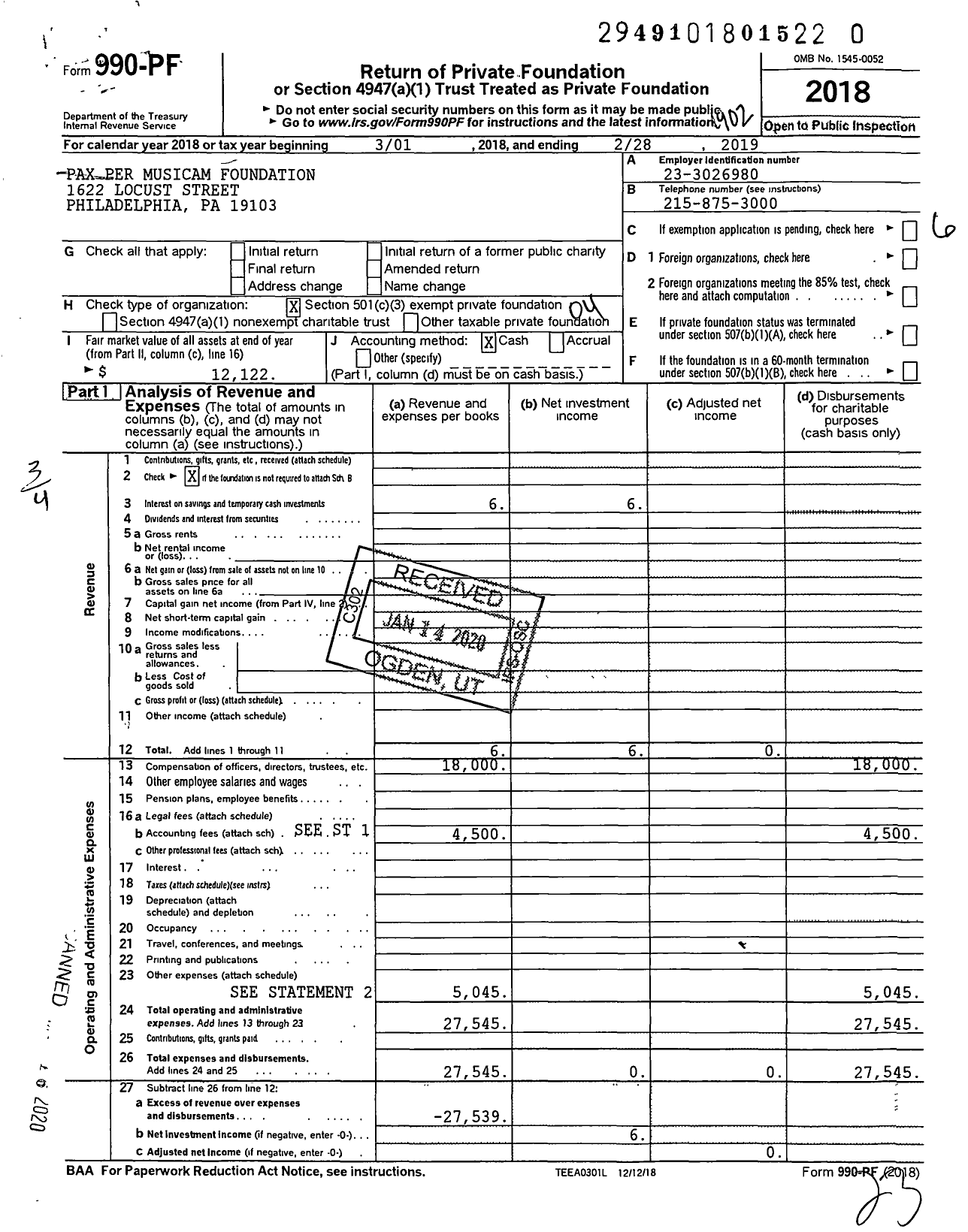 Image of first page of 2018 Form 990PR for Pax Per Musicam Foundation