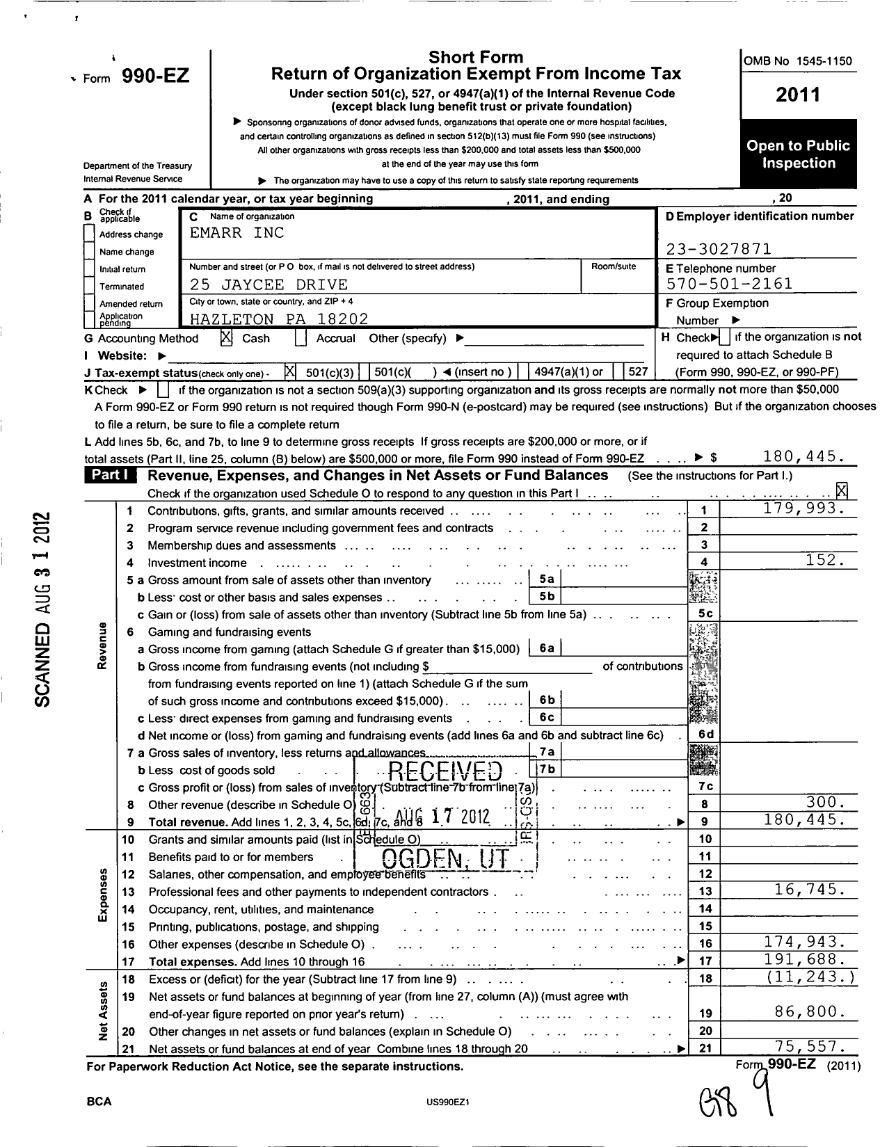 Image of first page of 2011 Form 990EZ for Emarr