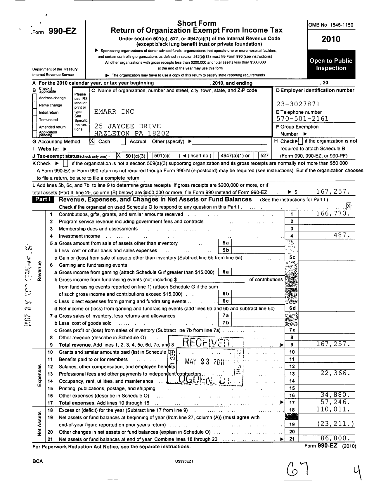 Image of first page of 2010 Form 990EZ for Emarr