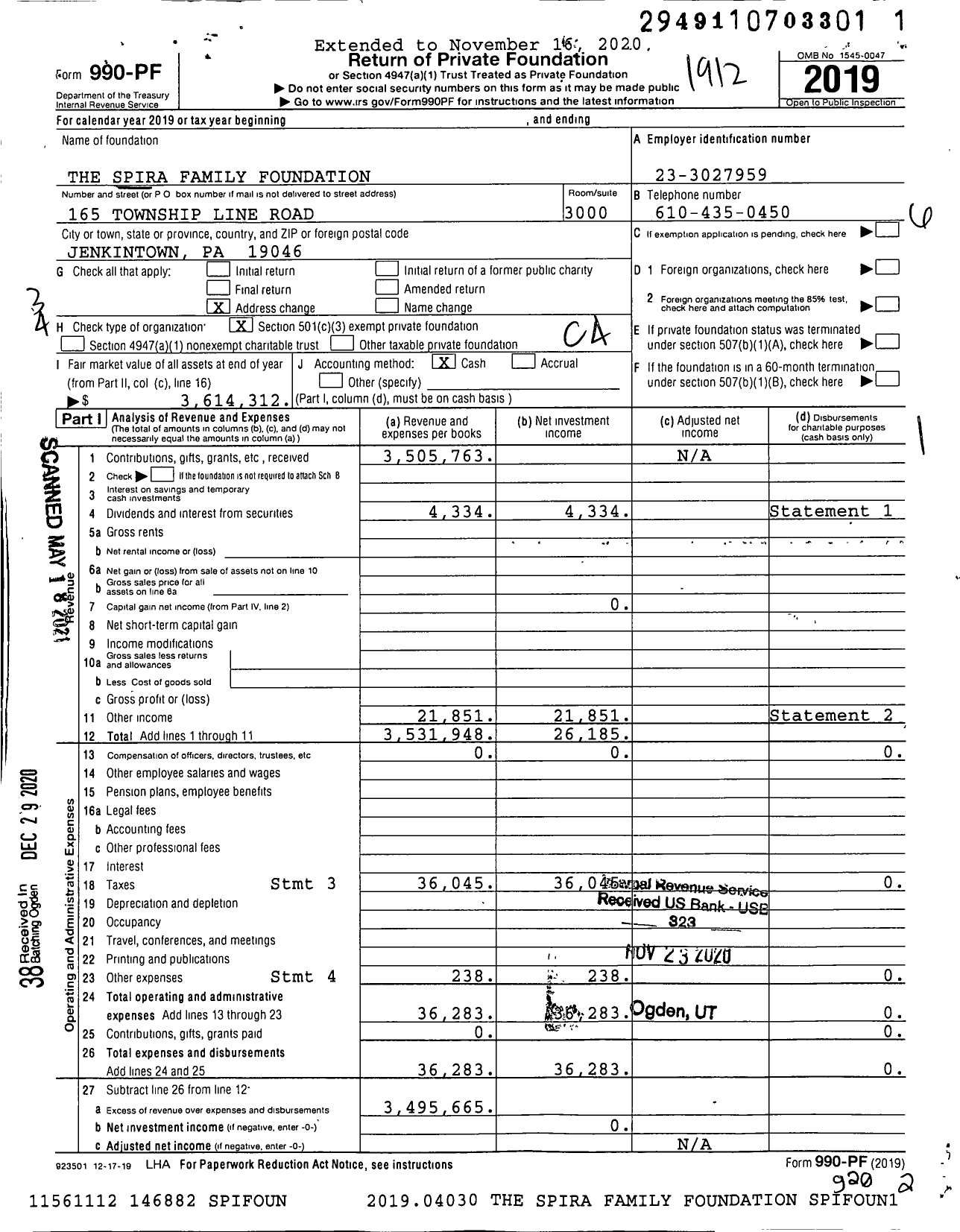 Image of first page of 2019 Form 990PF for The Spira Family Foundation