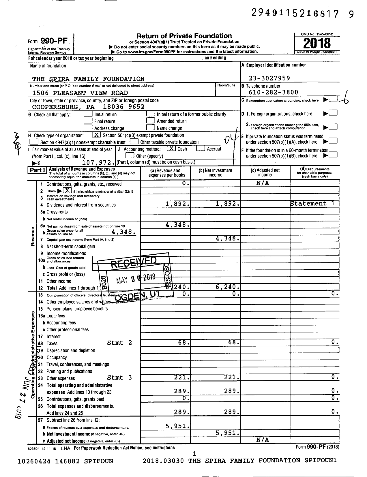 Image of first page of 2018 Form 990PF for The Spira Family Foundation