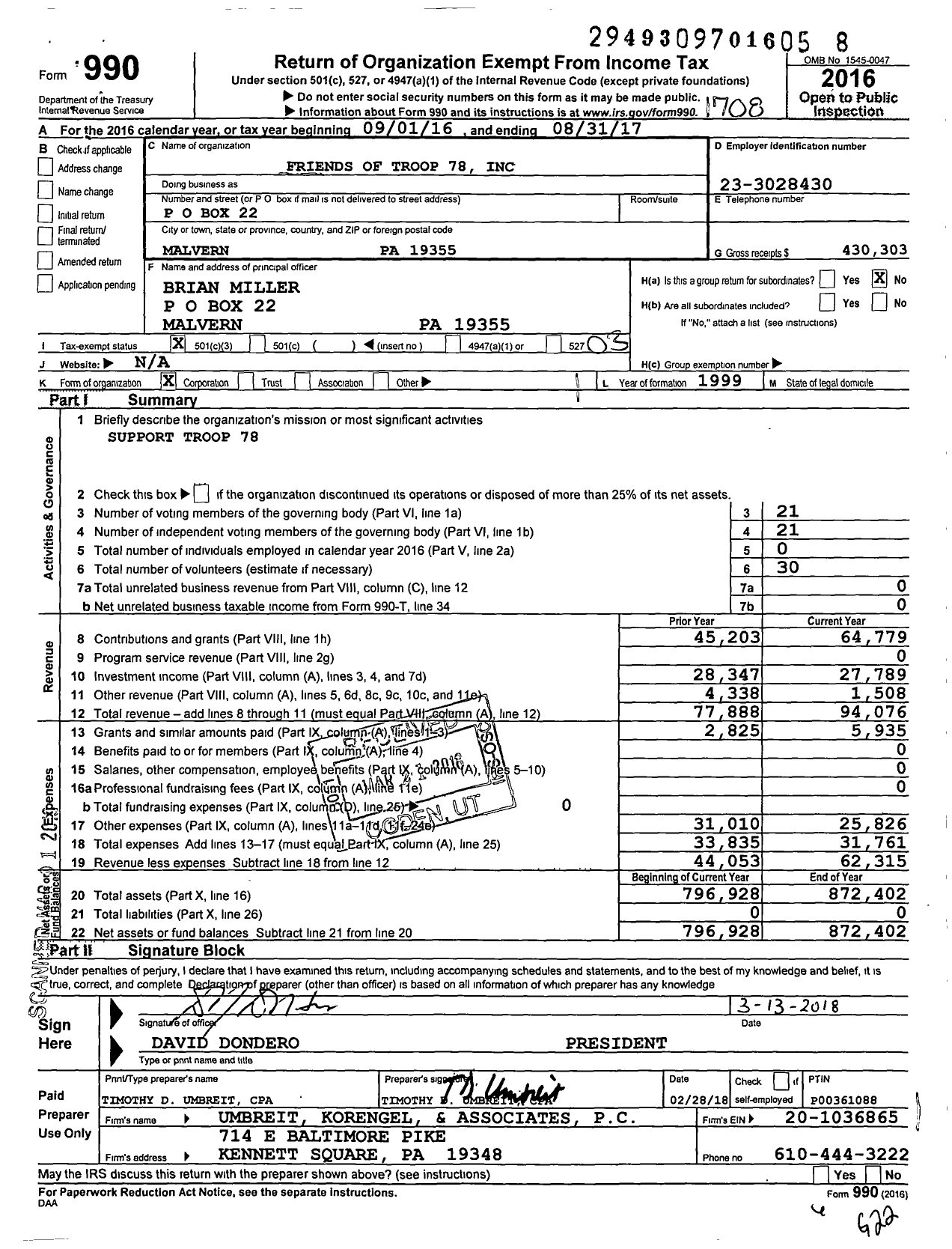 Image of first page of 2016 Form 990 for Friends of Troop 78
