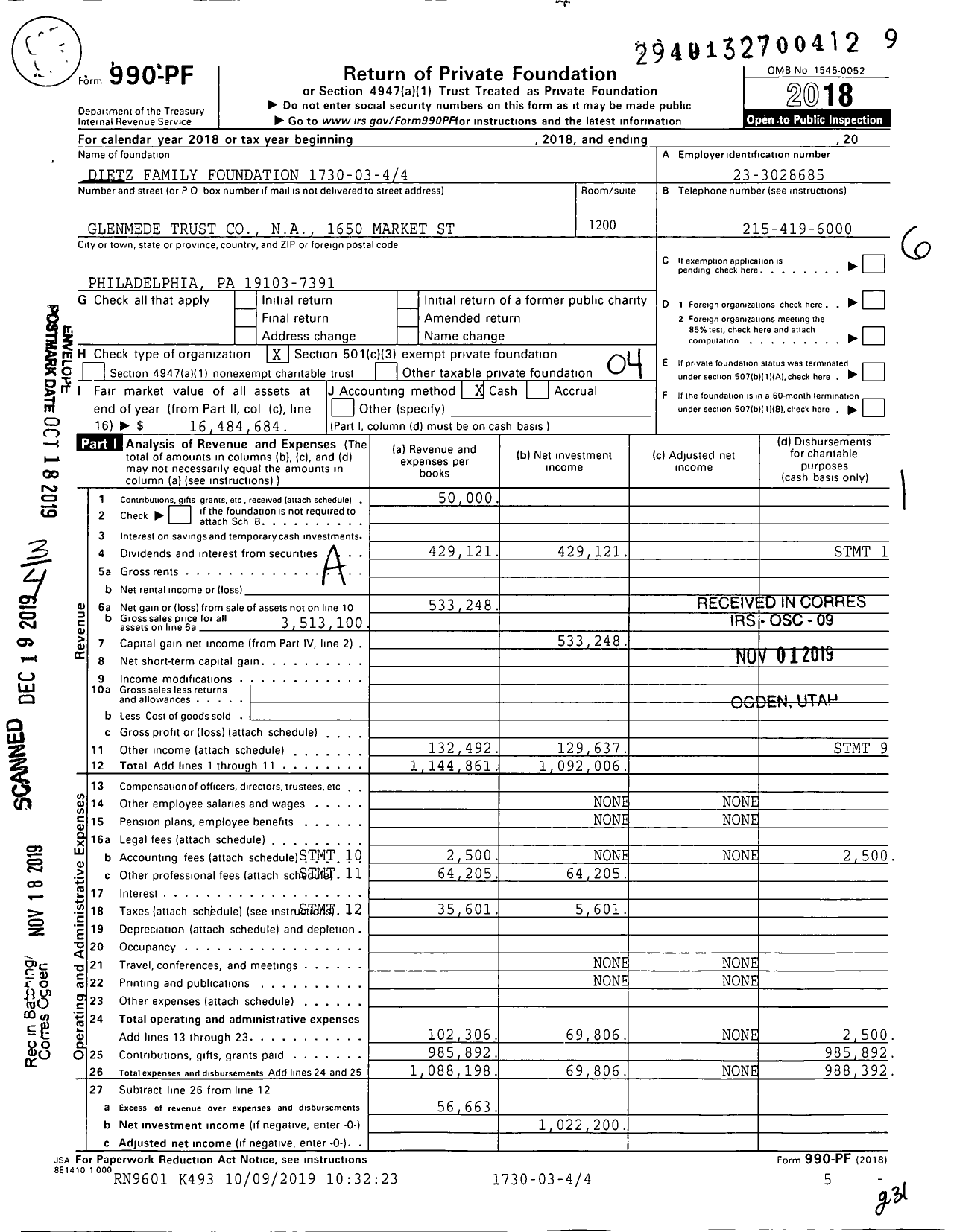 Image of first page of 2018 Form 990PF for Dietz Family Foundation 1730-03-44