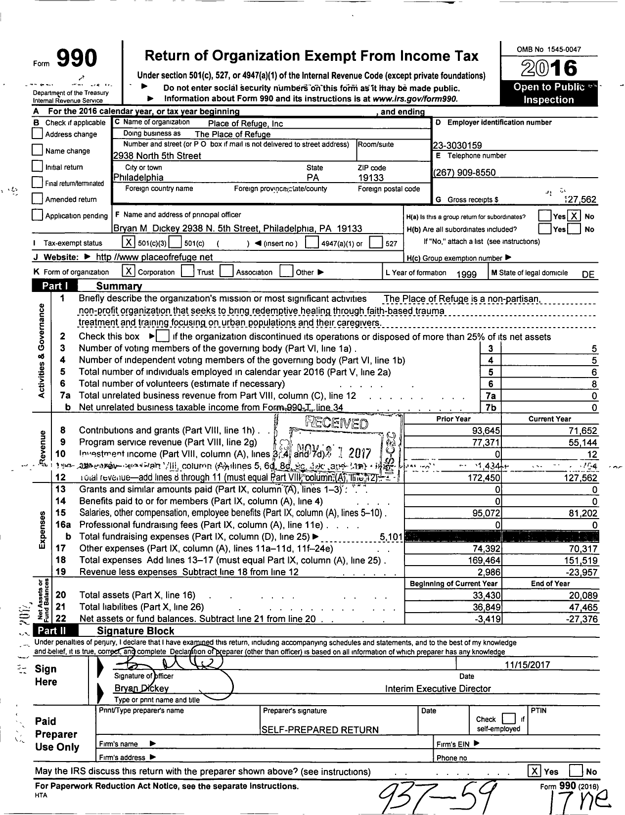 Image of first page of 2016 Form 990 for The Place of Refuge