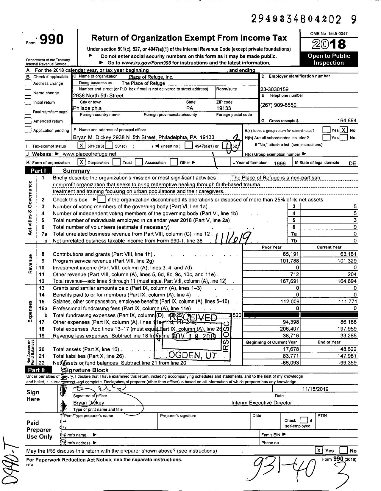 Image of first page of 2018 Form 990 for The Place of Refuge