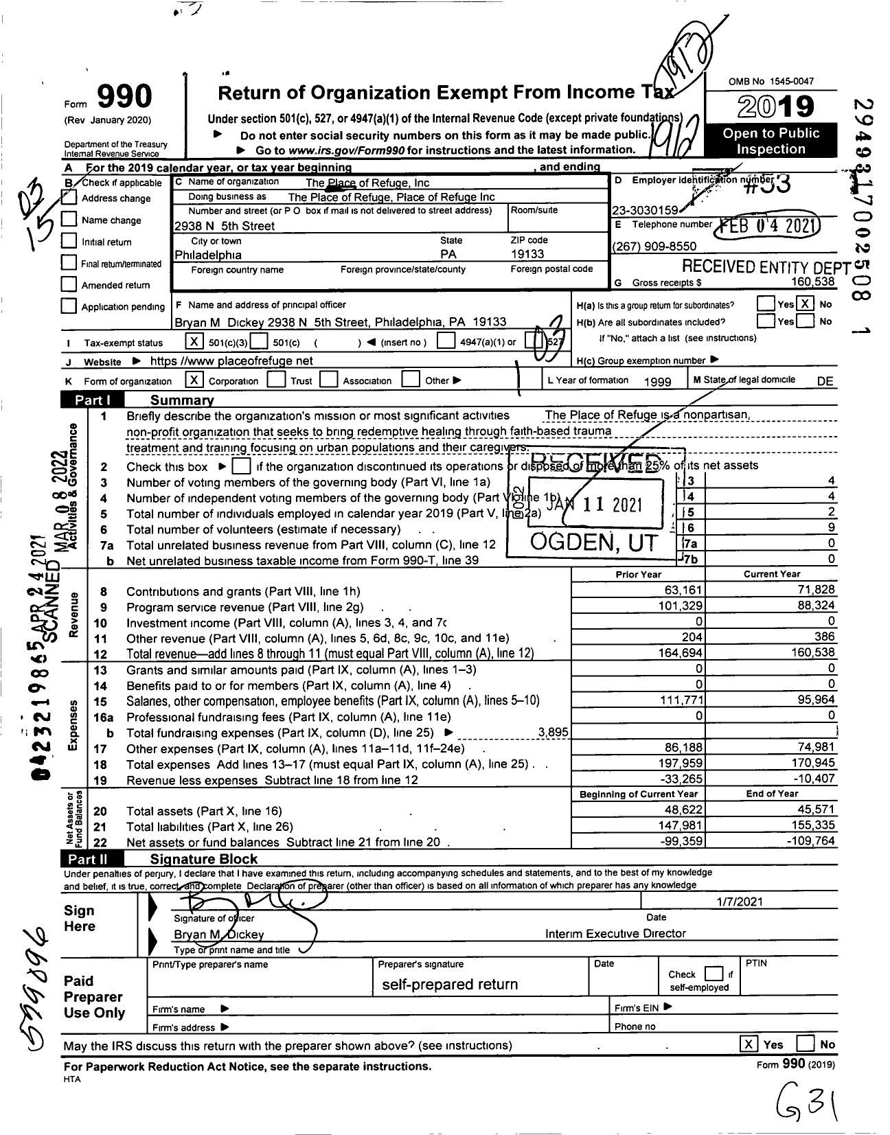 Image of first page of 2019 Form 990 for The Place of Refuge