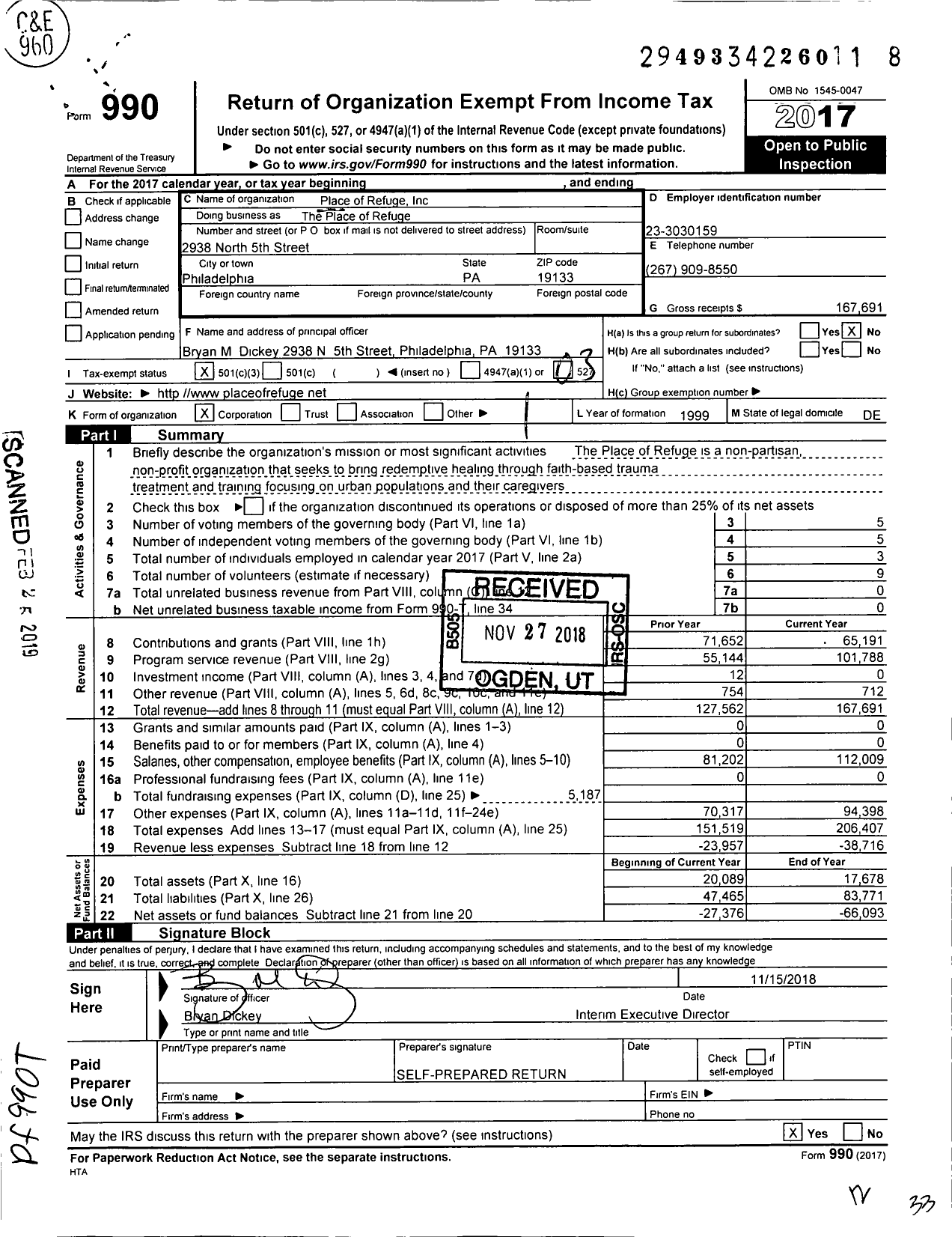 Image of first page of 2017 Form 990 for The Place of Refuge