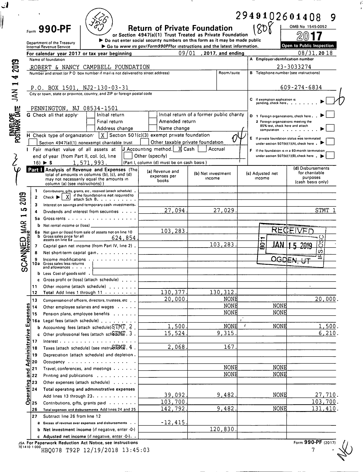 Image of first page of 2017 Form 990PF for Robert and Nancy Campbell Foundation