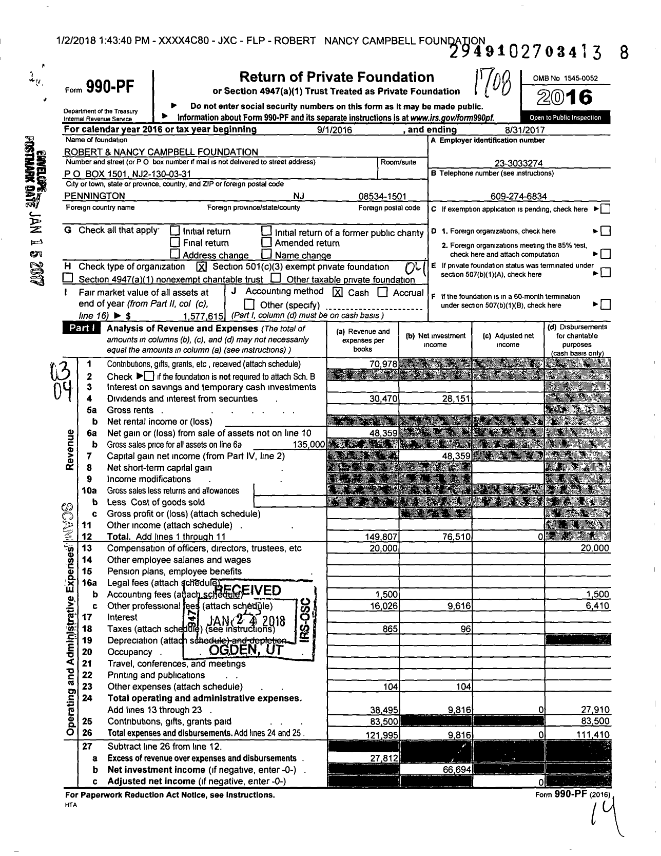 Image of first page of 2016 Form 990PF for Robert and Nancy Campbell Foundation