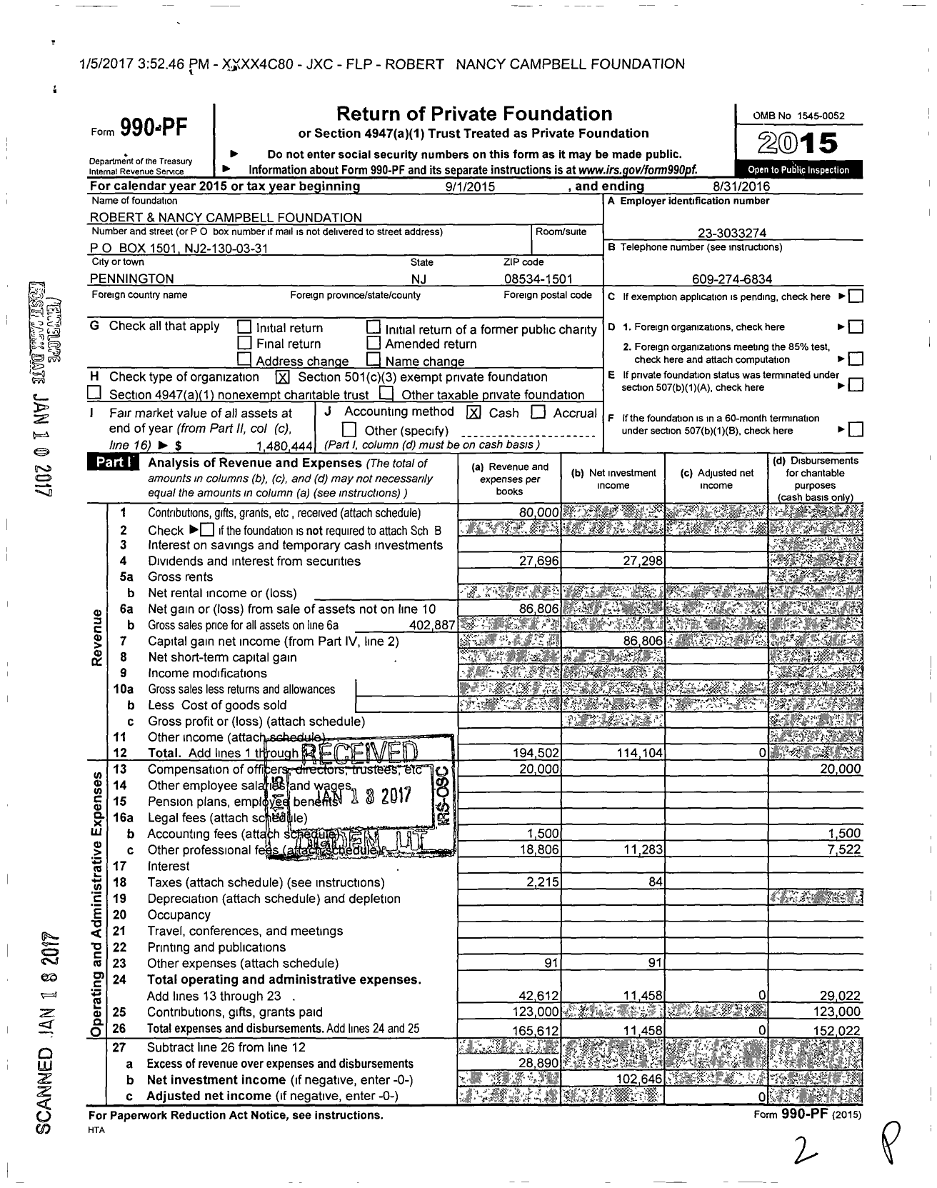 Image of first page of 2015 Form 990PF for Robert and Nancy Campbell Foundation
