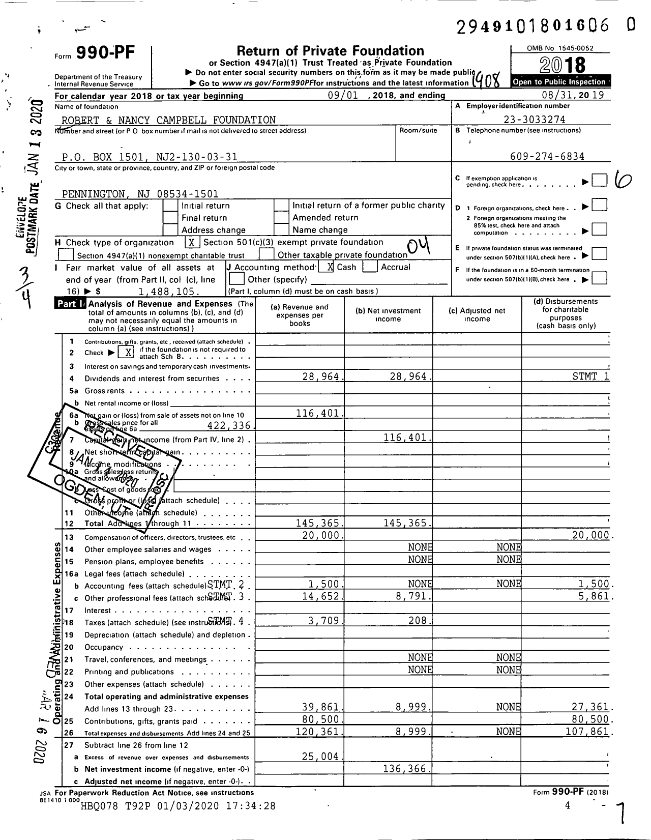 Image of first page of 2018 Form 990PR for Robert and Nancy Campbell Foundation