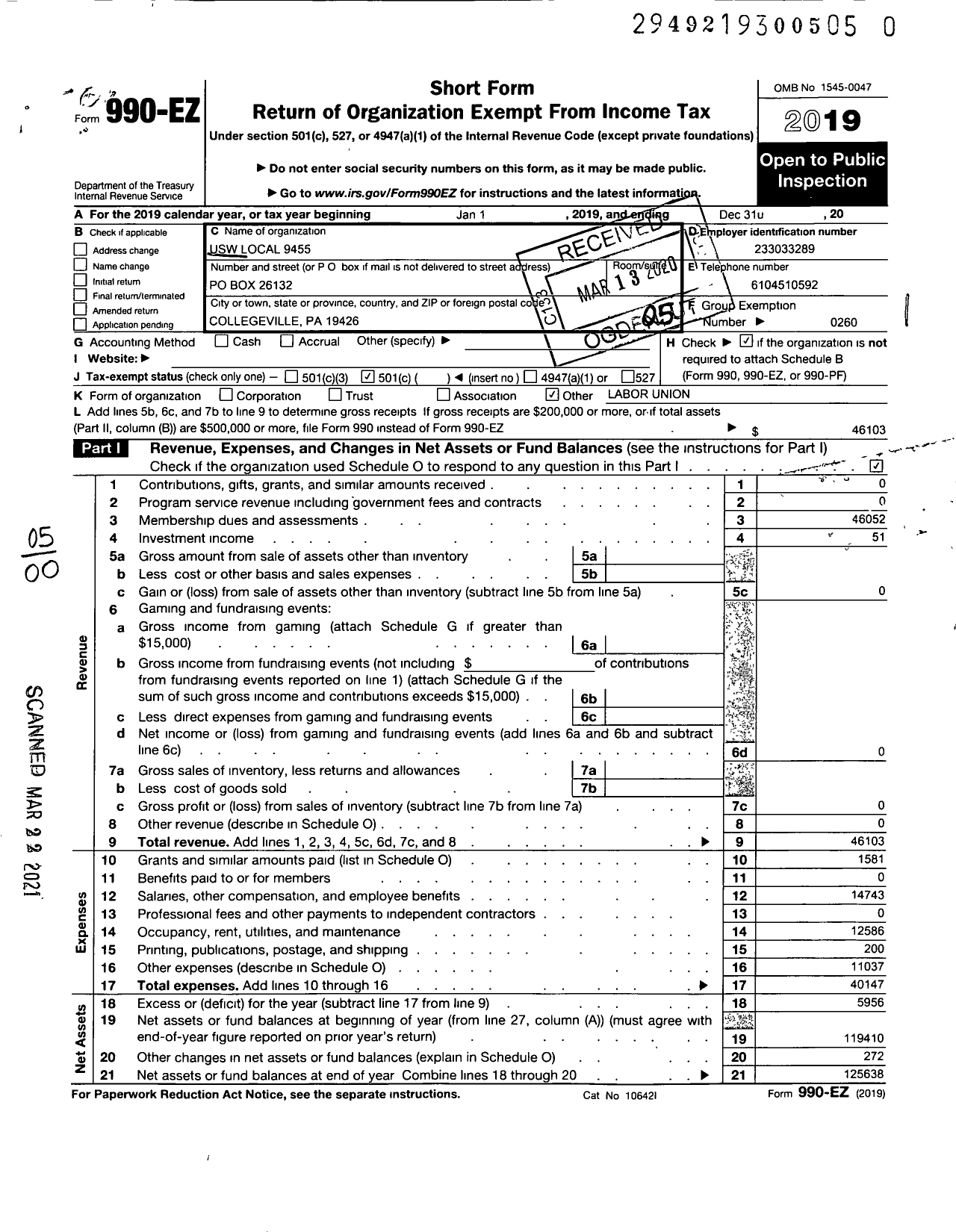 Image of first page of 2019 Form 990EO for United Steelworkers - 09455 Local
