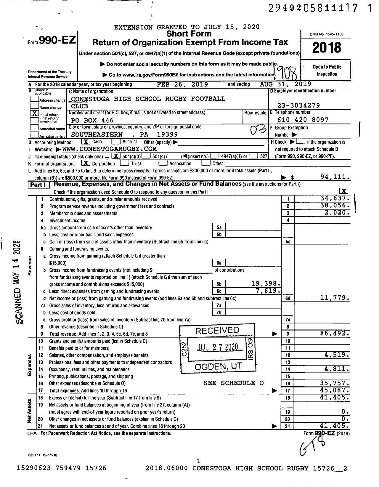 Image of first page of 2018 Form 990EZ for Conestoga High School Rugby Football Club