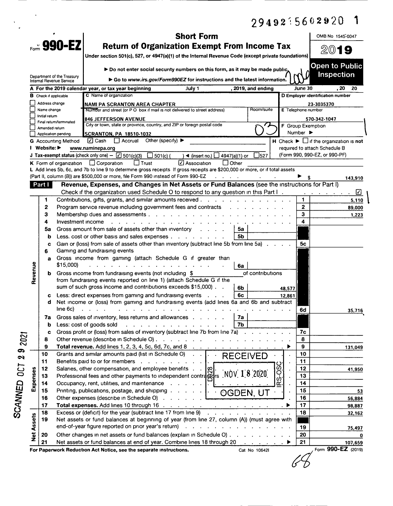 Image of first page of 2019 Form 990EZ for Nami Pa Scranton Area Chapter