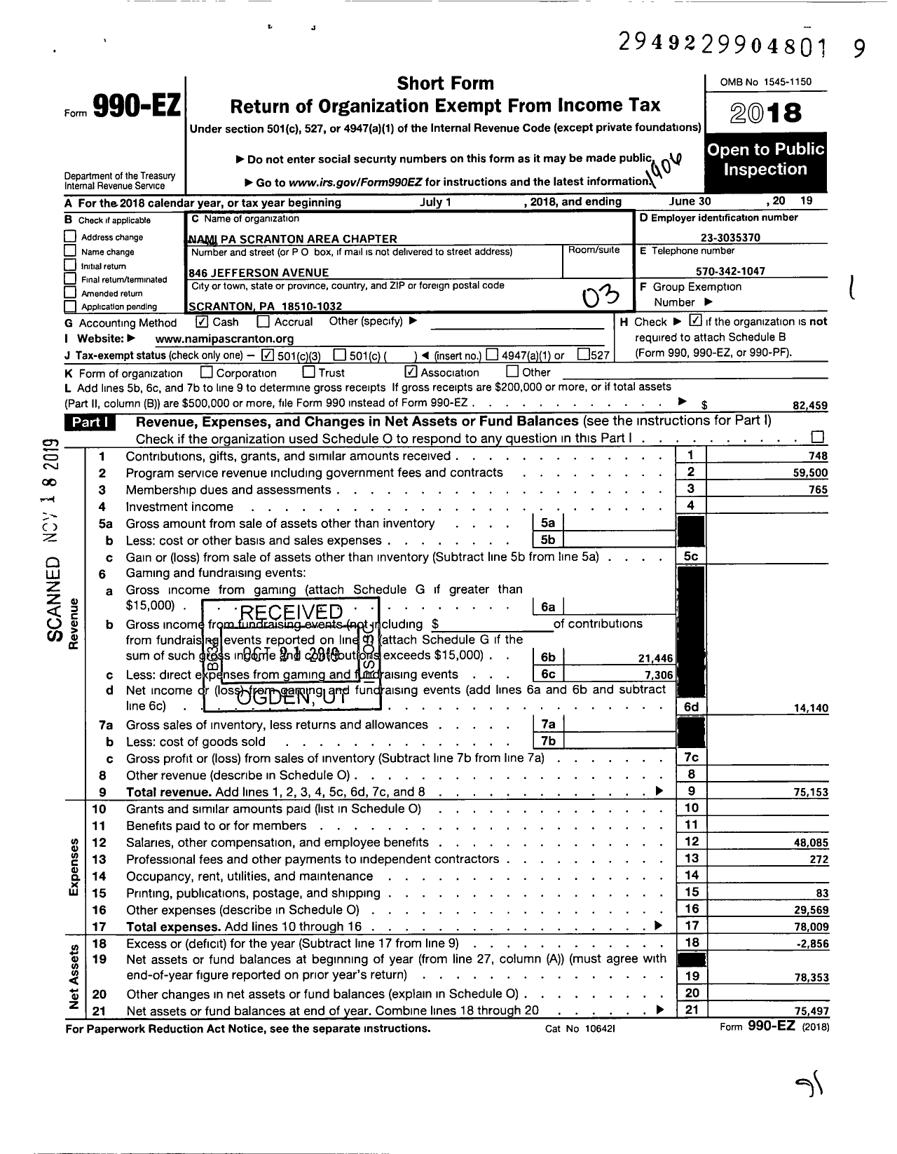 Image of first page of 2018 Form 990EZ for Nami Pa Scranton Area Chapter