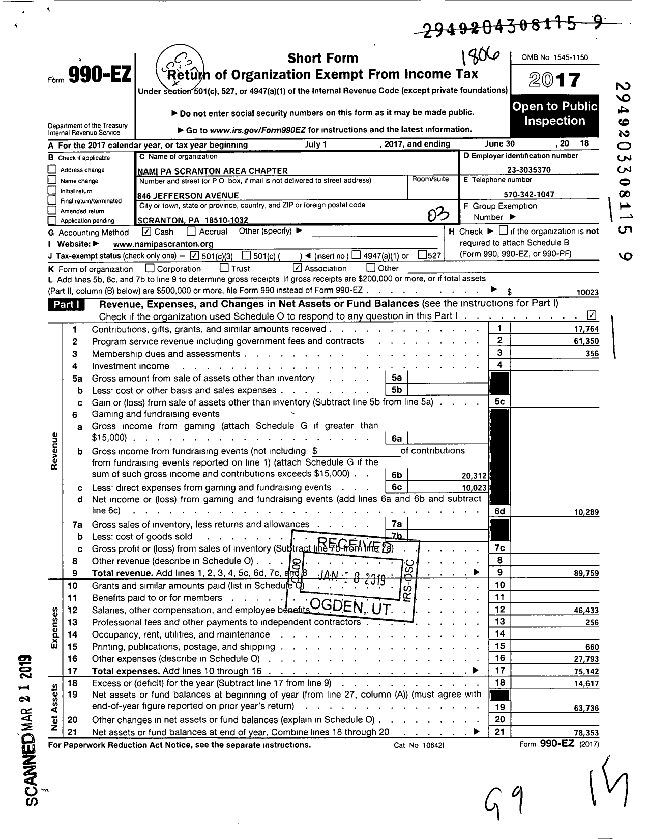 Image of first page of 2017 Form 990EZ for Nami Pa Scranton Area Chapter