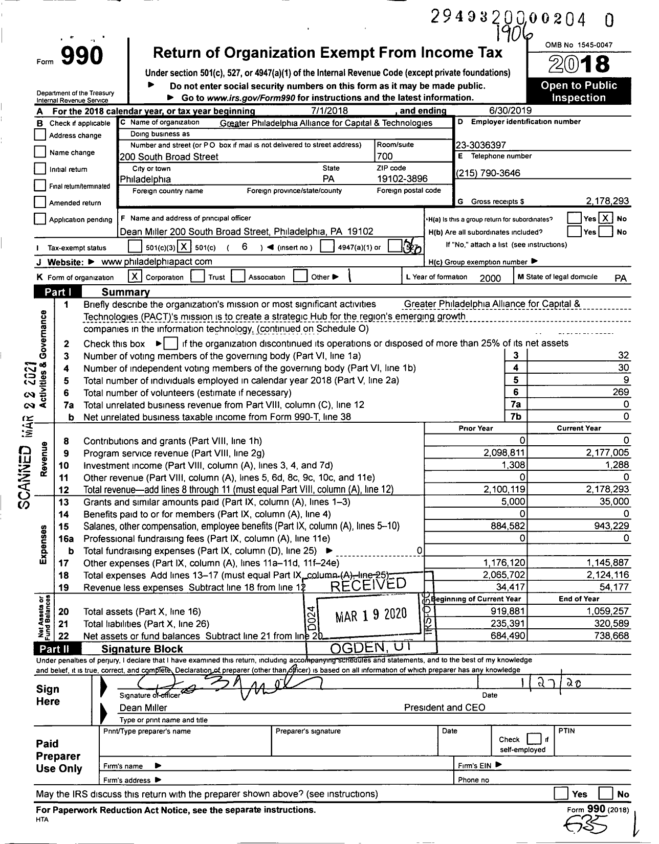 Image of first page of 2018 Form 990O for Philadelphia Alliance for Capital and Technologies (PACT)