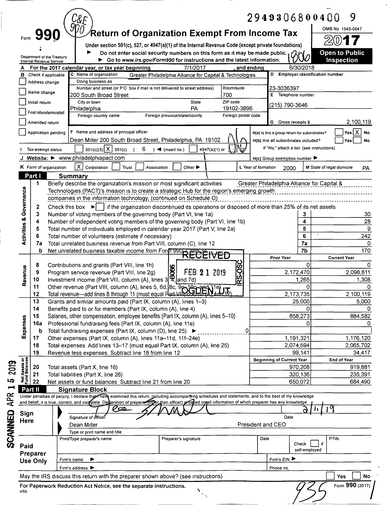 Image of first page of 2017 Form 990O for Philadelphia Alliance for Capital and Technologies (PACT)